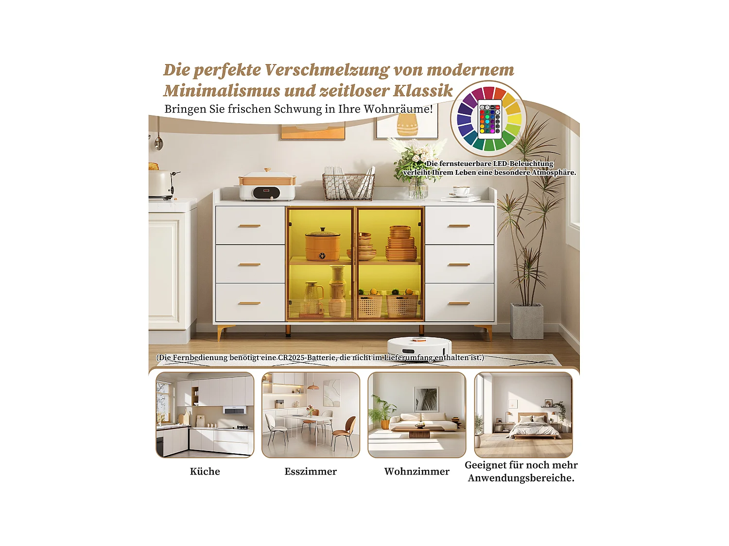 Modern dressoir - 160 x 44 x 87 cm - met 6 lades + 2 glazen deuren + LED's - MDF - wit
