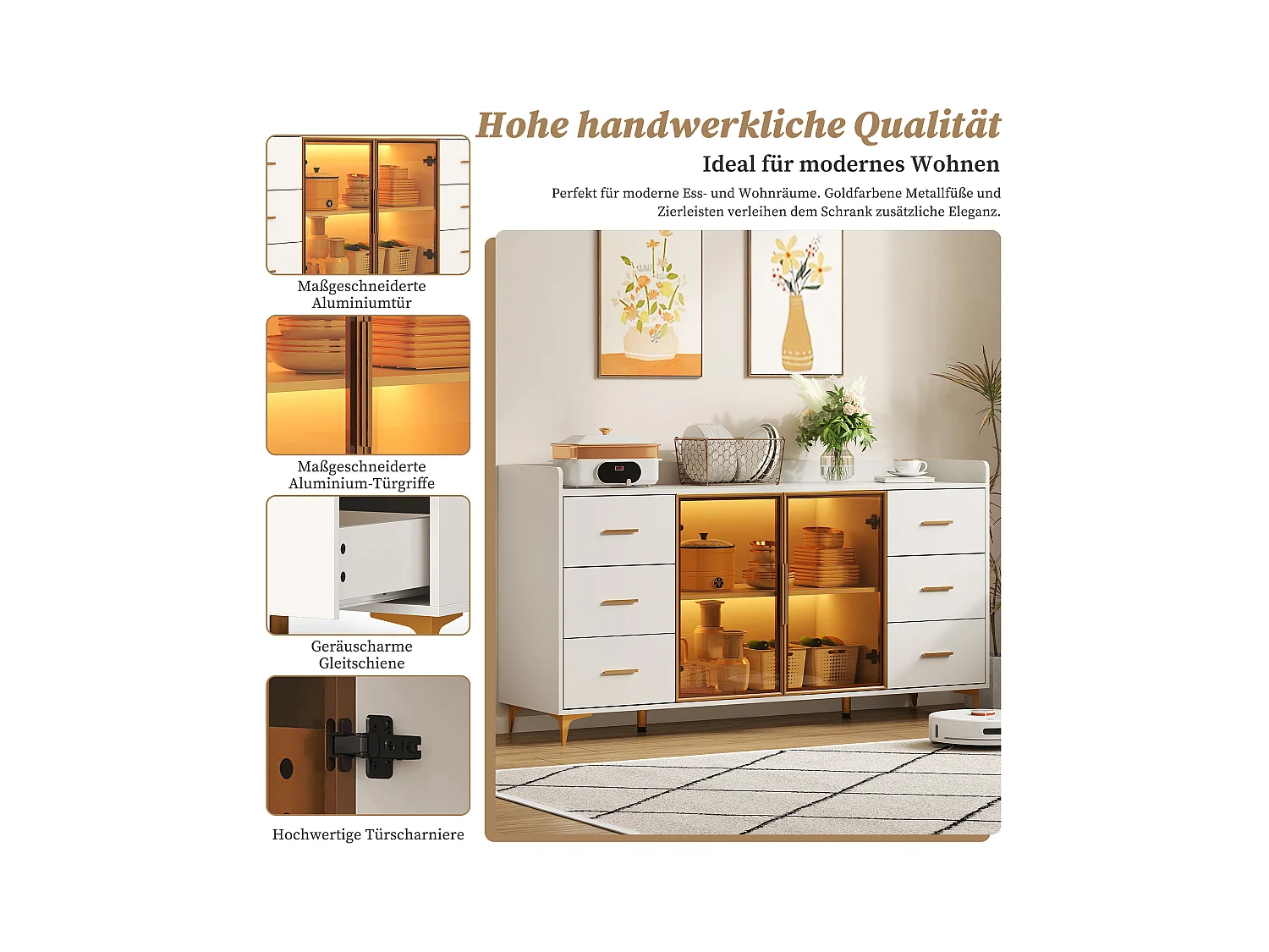 Modern dressoir - 160 x 44 x 87 cm - met 6 lades + 2 glazen deuren + LED's - MDF - wit