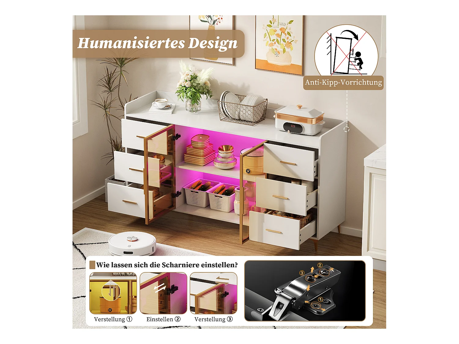 Modern dressoir - 160 x 44 x 87 cm - met 6 lades + 2 glazen deuren + LED's - MDF - wit