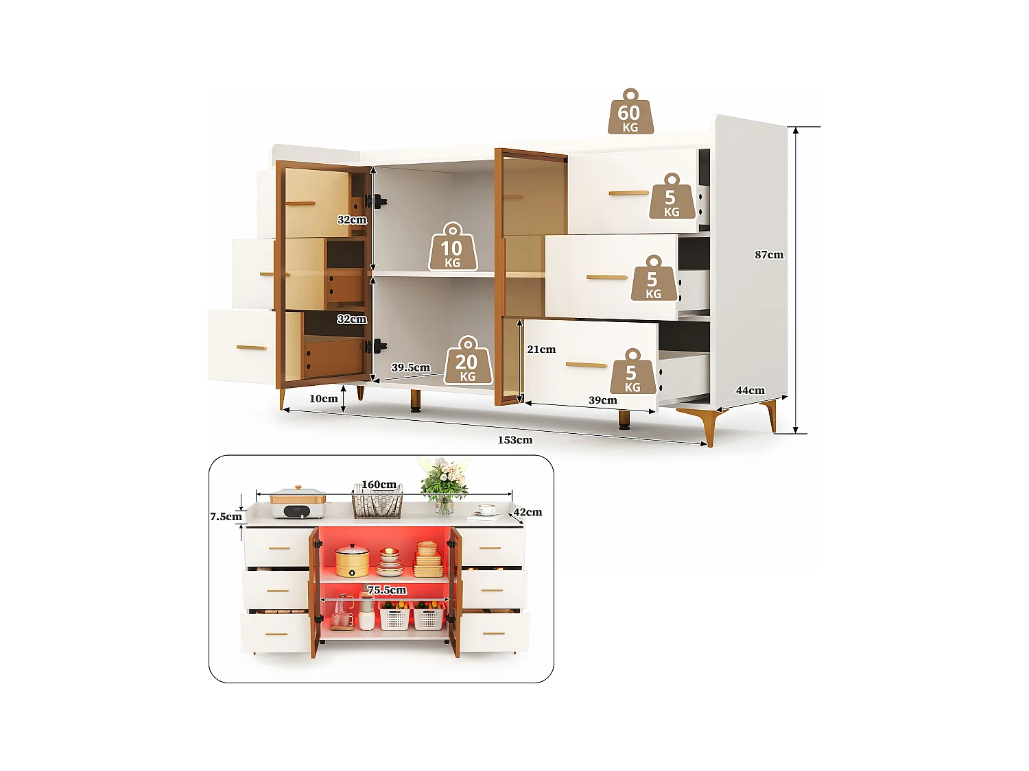 Modern dressoir - 160 x 44 x 87 cm - met 6 lades + 2 glazen deuren + LED's - MDF - wit