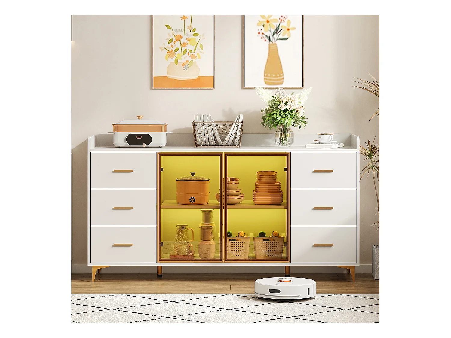 Buffet moderne - 160 x 44 x 87 cm - avec 6 tiroirs + 2 portes vitrées + Leds - MDF - blanc