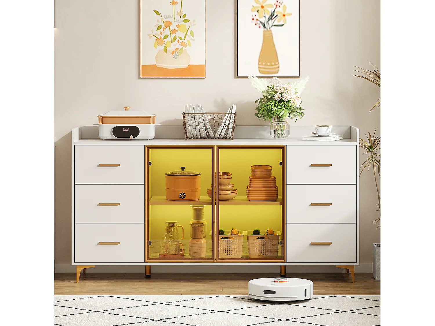 Modernes Sideboard - 160 x 44 x 87 cm - mit 6 Schubladen + 2 Glastüren + LEDs - MDF - weiß