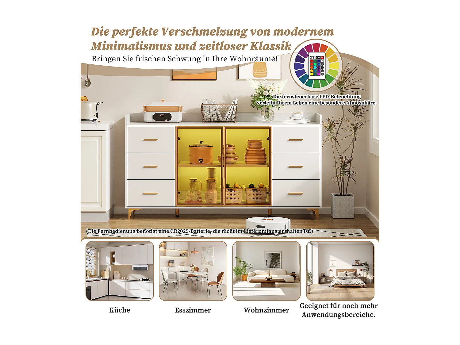 Modernes Sideboard - 160 x 44 x 87 cm - mit 6 Schubladen + 2 Glastüren + LEDs - MDF - weiß