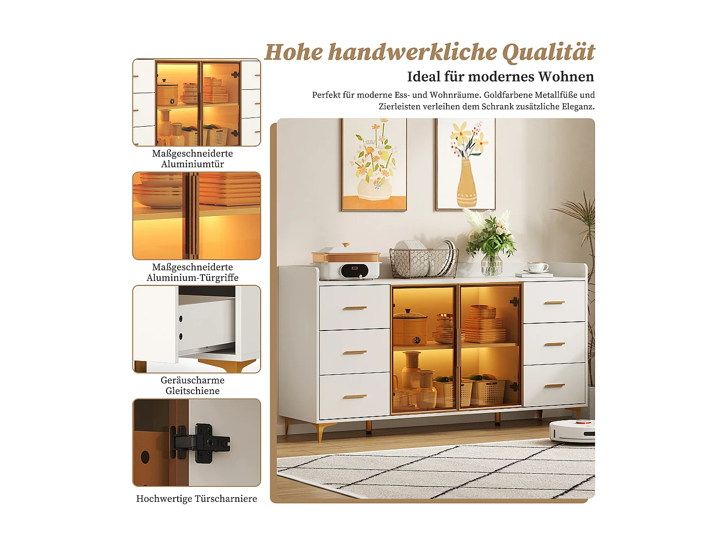 Modernes Sideboard - 160 x 44 x 87 cm - mit 6 Schubladen + 2 Glastüren + LEDs - MDF - weiß