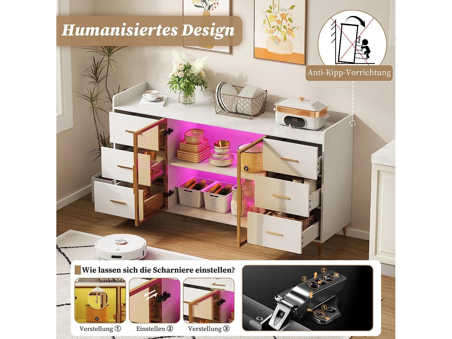 Modernes Sideboard - 160 x 44 x 87 cm - mit 6 Schubladen + 2 Glastüren + LEDs - MDF - weiß