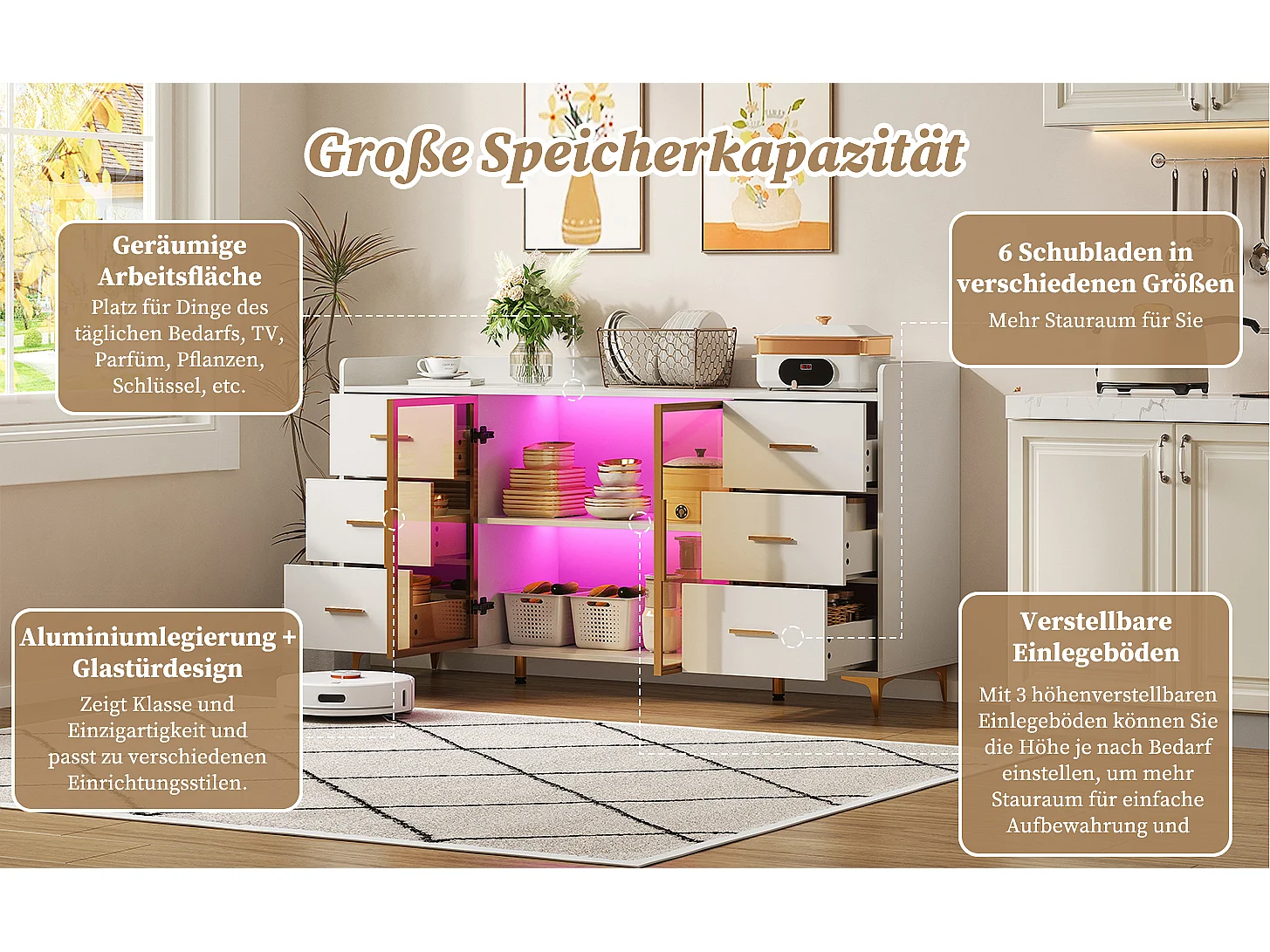 Modernes Sideboard - 160 x 44 x 87 cm - mit 6 Schubladen + 2 Glastüren + LEDs - MDF - weiß