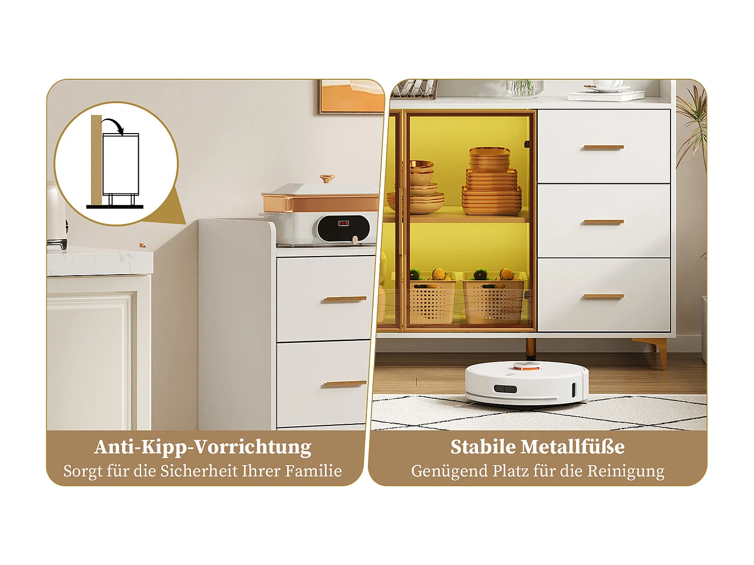 Modernes Sideboard - 160 x 44 x 87 cm - mit 6 Schubladen + 2 Glastüren + LEDs - MDF - weiß