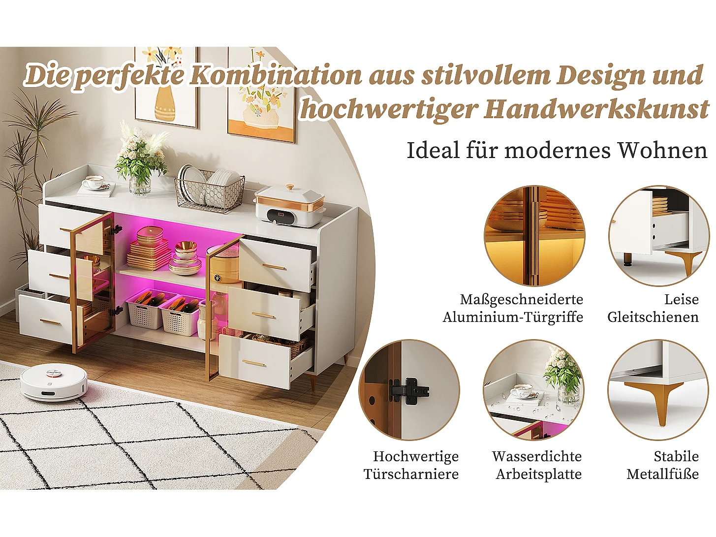 Modernes Sideboard - 160 x 44 x 87 cm - mit 6 Schubladen + 2 Glastüren + LEDs - MDF - weiß