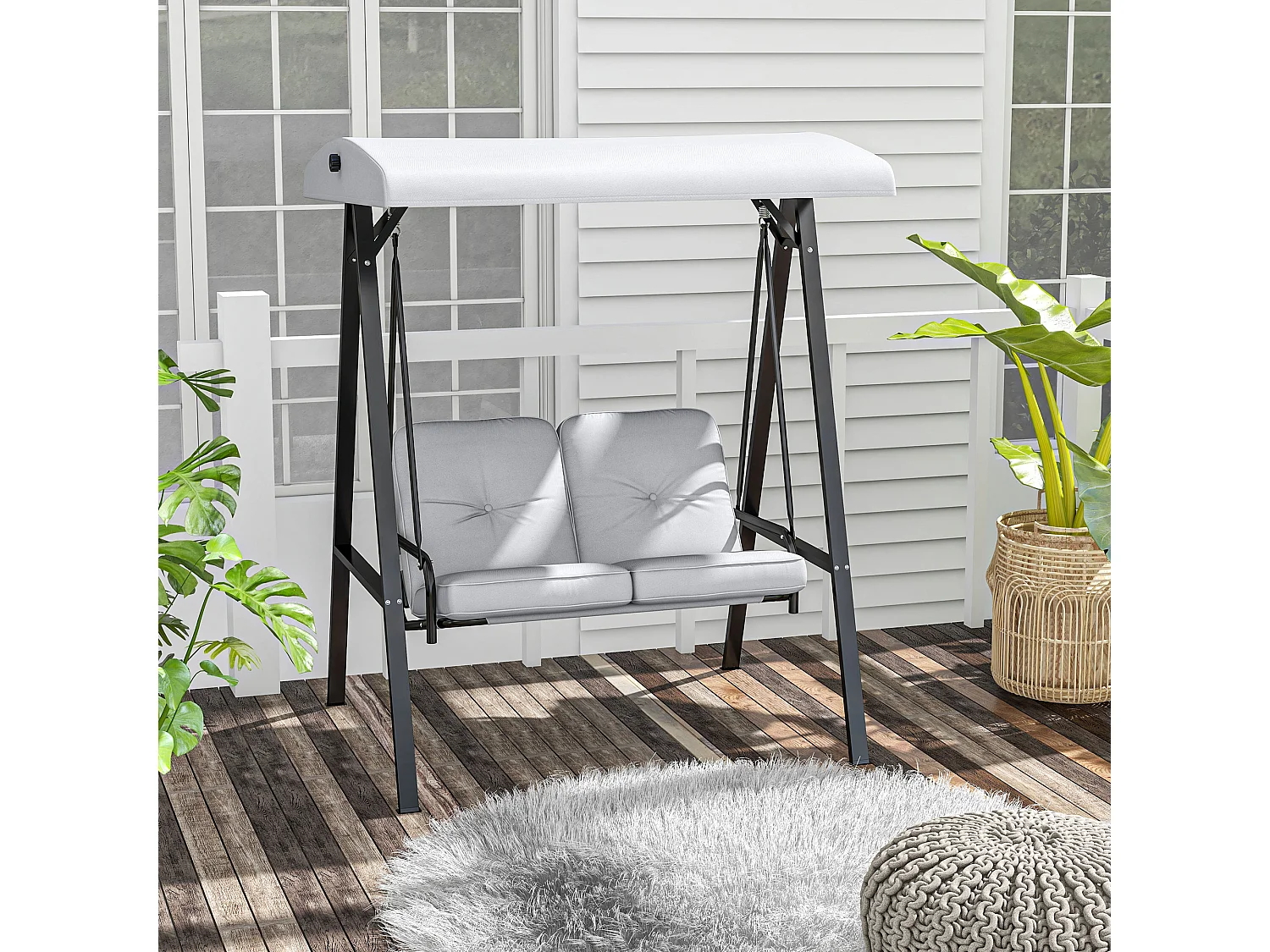 Altalena a 2 posti con tetto inclinabile, cuscini spessi, acciaio, grigio (145x116x172cm)