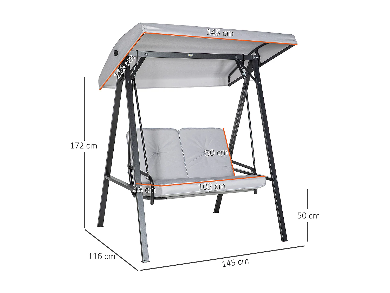 Altalena a 2 posti con tetto inclinabile, cuscini spessi, acciaio, grigio (145x116x172cm)