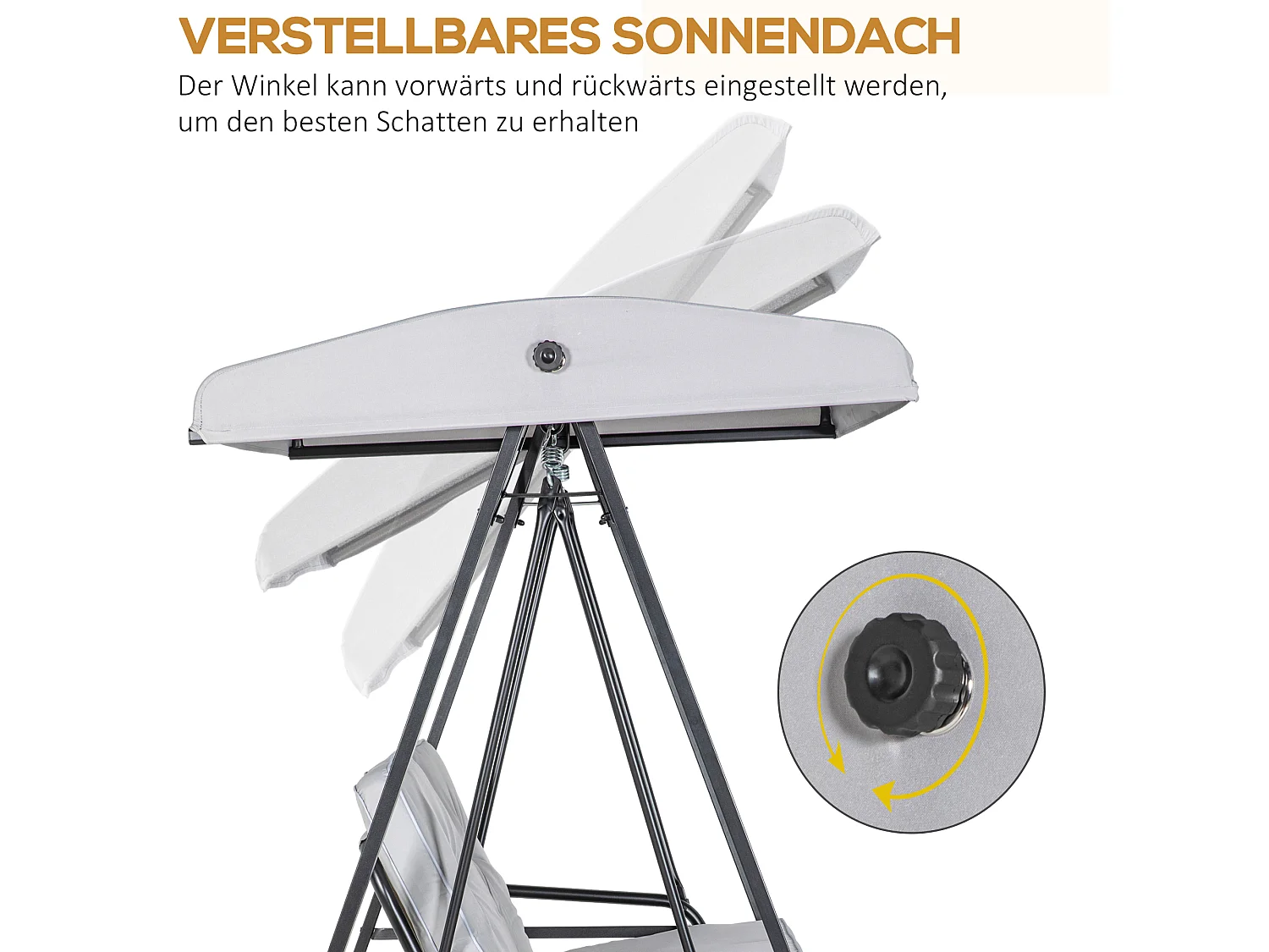 Altalena a 2 posti con tetto inclinabile, cuscini spessi, acciaio, grigio (145x116x172cm)