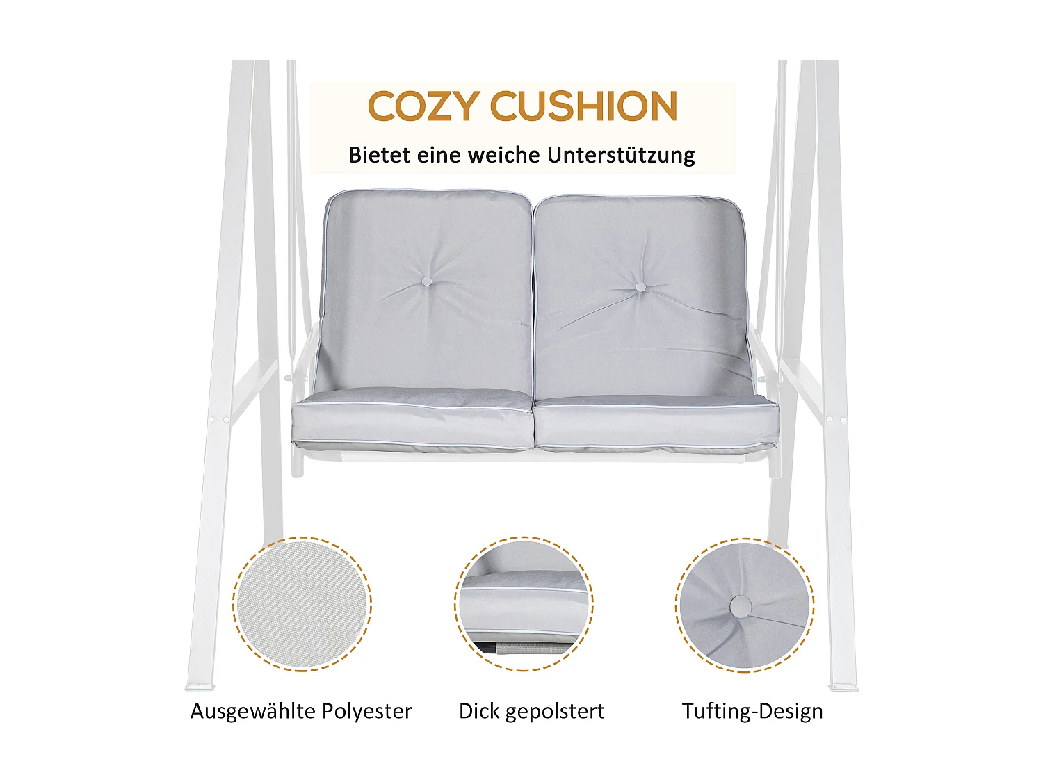 Altalena a 2 posti con tetto inclinabile, cuscini spessi, acciaio, grigio (145x116x172cm)