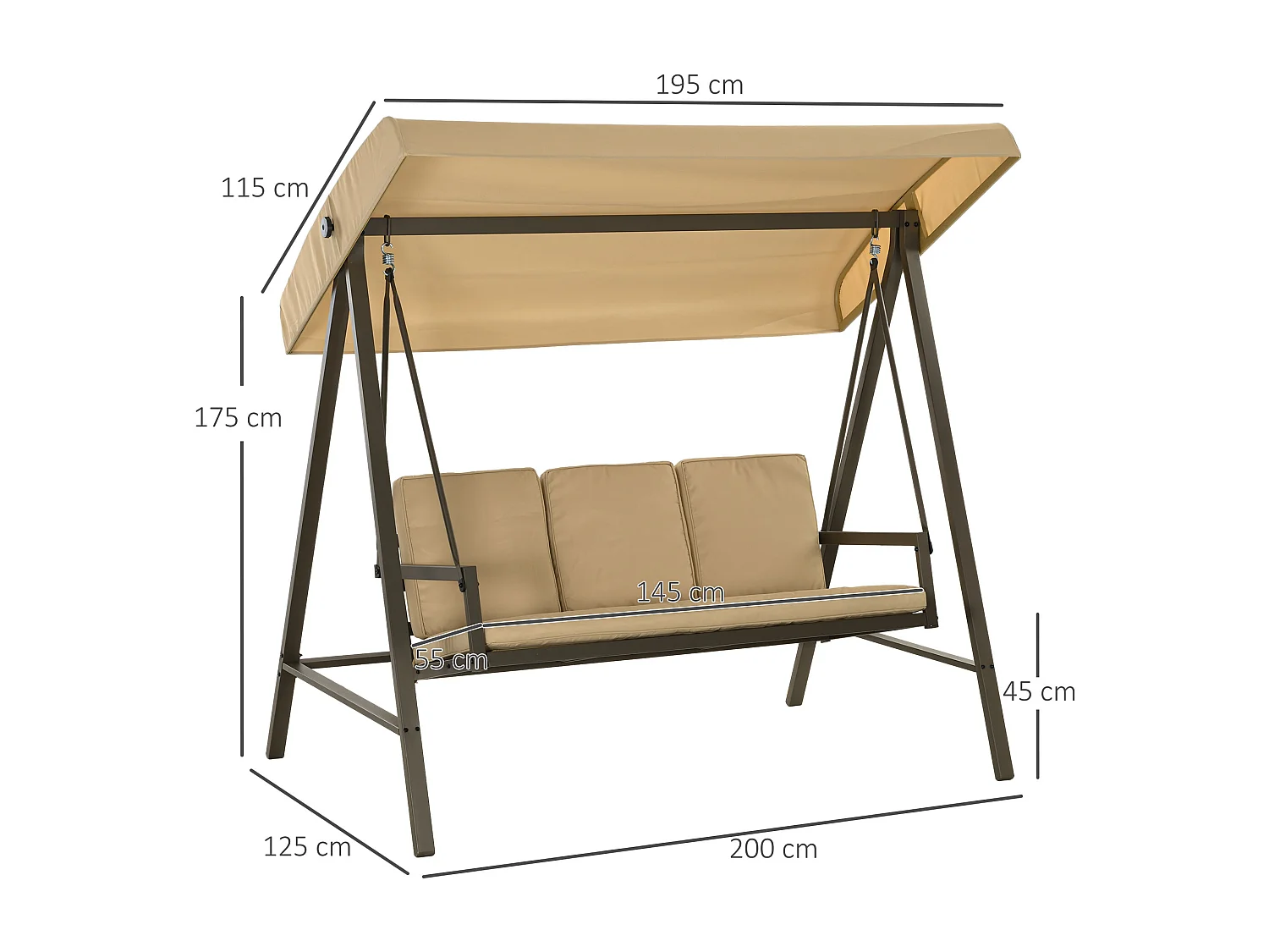 Balançoire 3 Places avec Dossier et Toit Réglable, Polyester, Beige (200x125x175 cm)