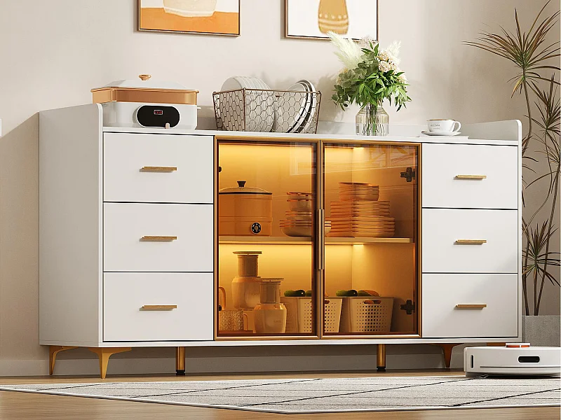 Buffet moderno 160×44×87 cm - 6 gavetas e 2 portas de vidro - com iluminação LED - branco + dourado