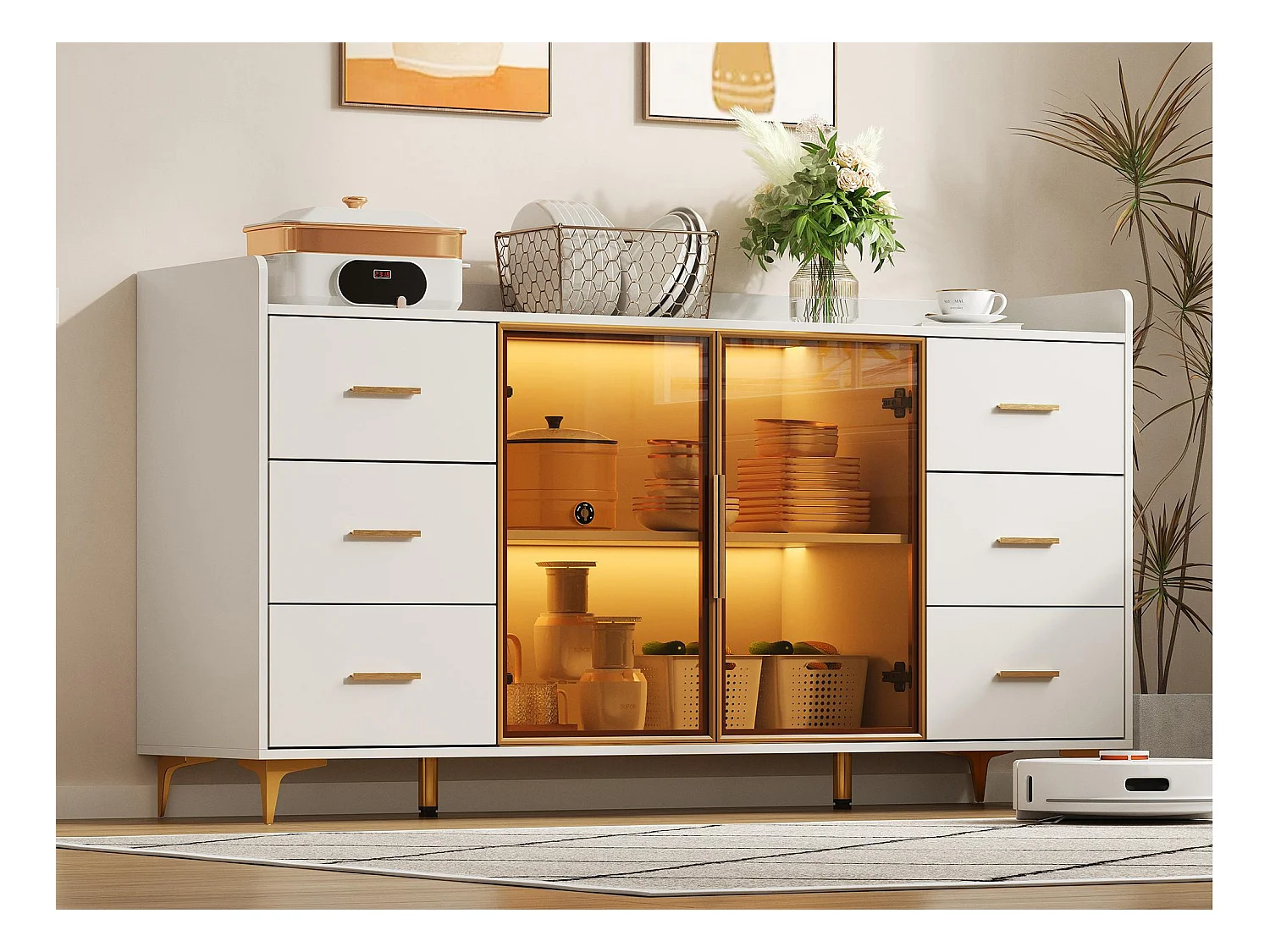 Buffet moderne 160x44x87cm - 6 tiroirs et 2 portes vitrées - avec éclairage LED - blanc + doré