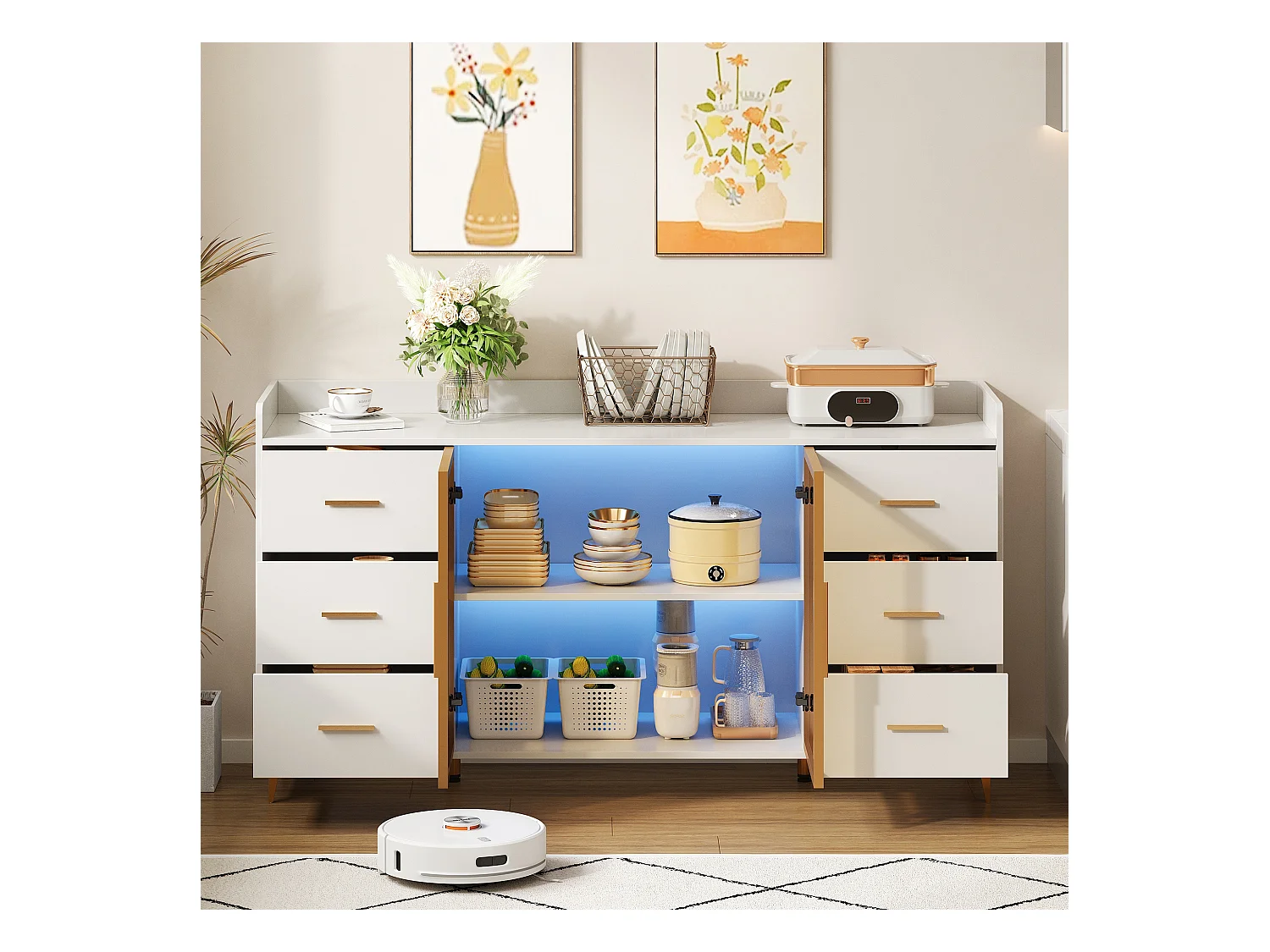 Buffet moderne 160x44x87cm - 6 tiroirs et 2 portes vitrées - avec éclairage LED - blanc + doré