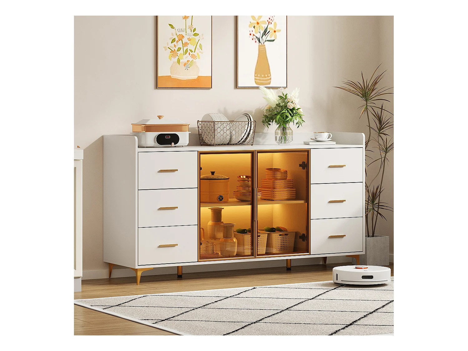 Buffet moderne 160x44x87cm - 6 tiroirs et 2 portes vitrées - avec éclairage LED - blanc + doré