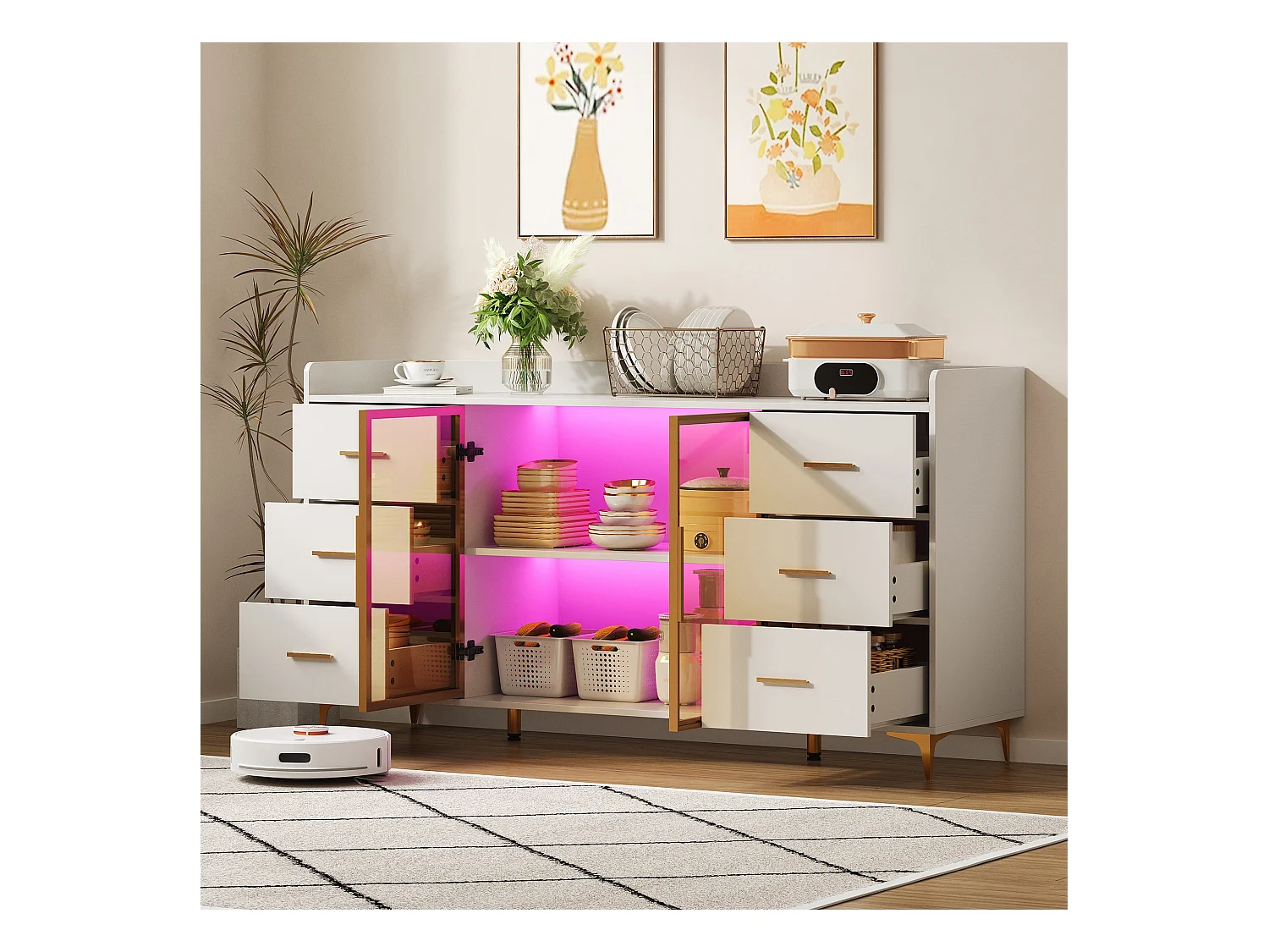 Buffet moderne 160x44x87cm - 6 tiroirs et 2 portes vitrées - avec éclairage LED - blanc + doré