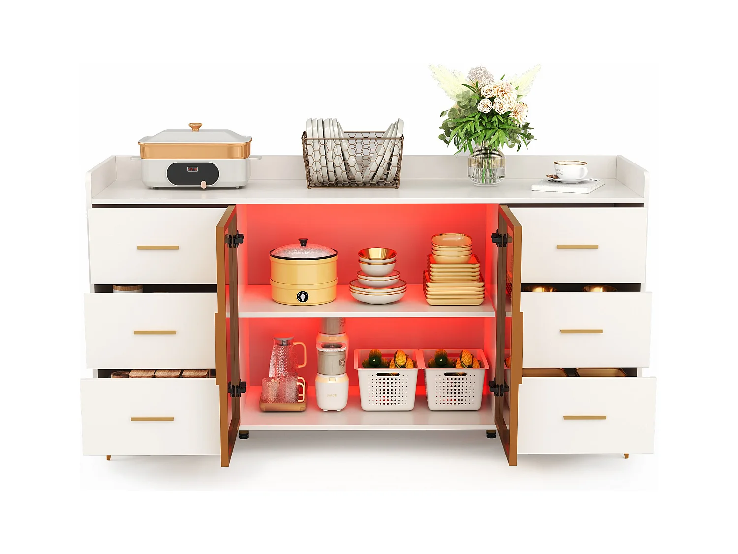 Buffet moderne 160x44x87cm - 6 tiroirs et 2 portes vitrées - avec éclairage LED - blanc + doré