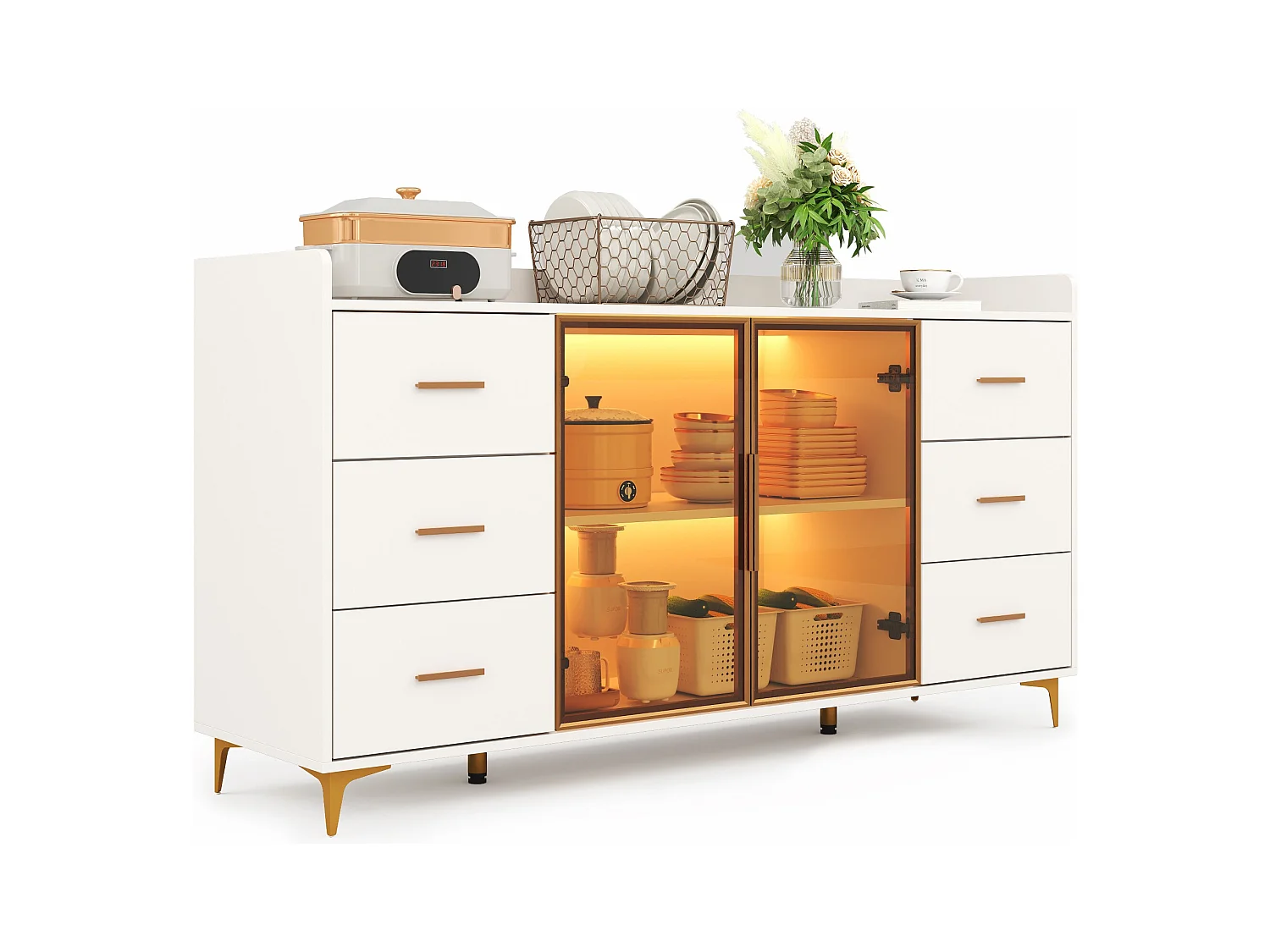 Buffet moderne 160x44x87cm - 6 tiroirs et 2 portes vitrées - avec éclairage LED - blanc + doré