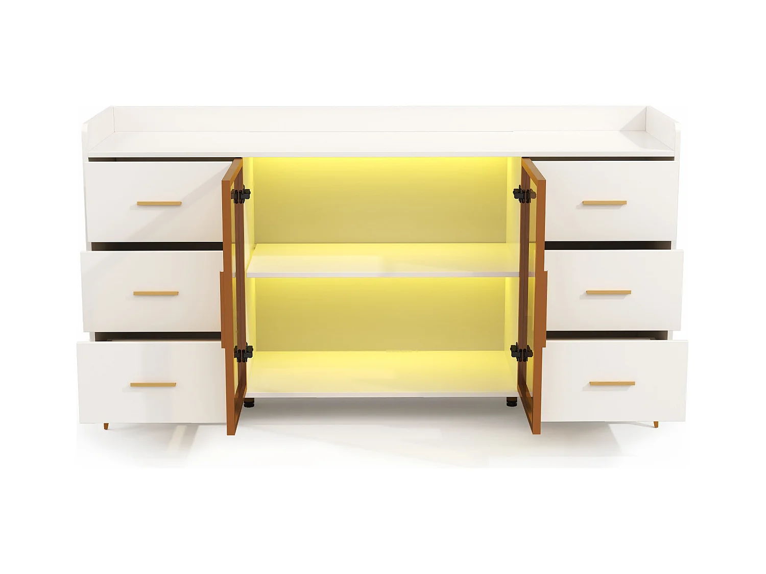 Buffet moderne 160x44x87cm - 6 tiroirs et 2 portes vitrées - avec éclairage LED - blanc + doré