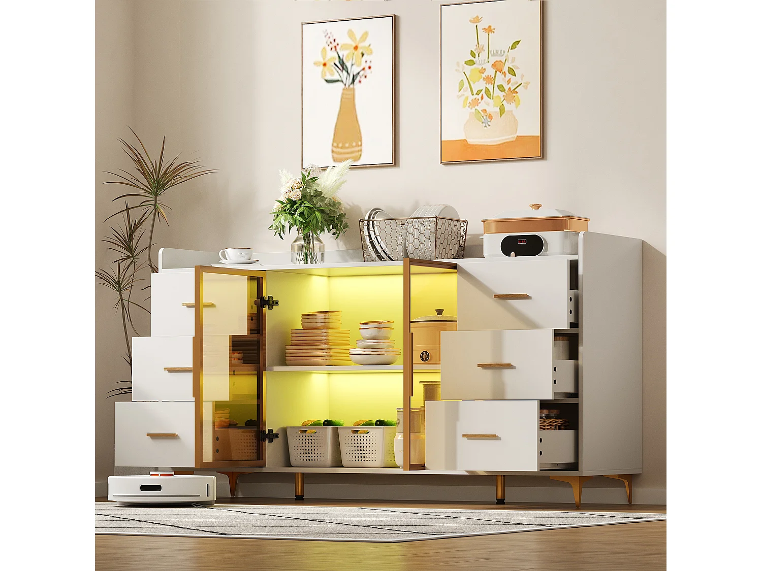 Credenza moderna 160×44×87 cm - 6 cassetti e 2 ante a vetro - con illuminazione LED - bianco + oro