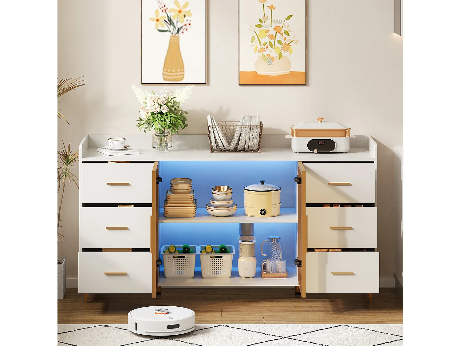 Credenza moderna 160×44×87 cm - 6 cassetti e 2 ante a vetro - con illuminazione LED - bianco + oro