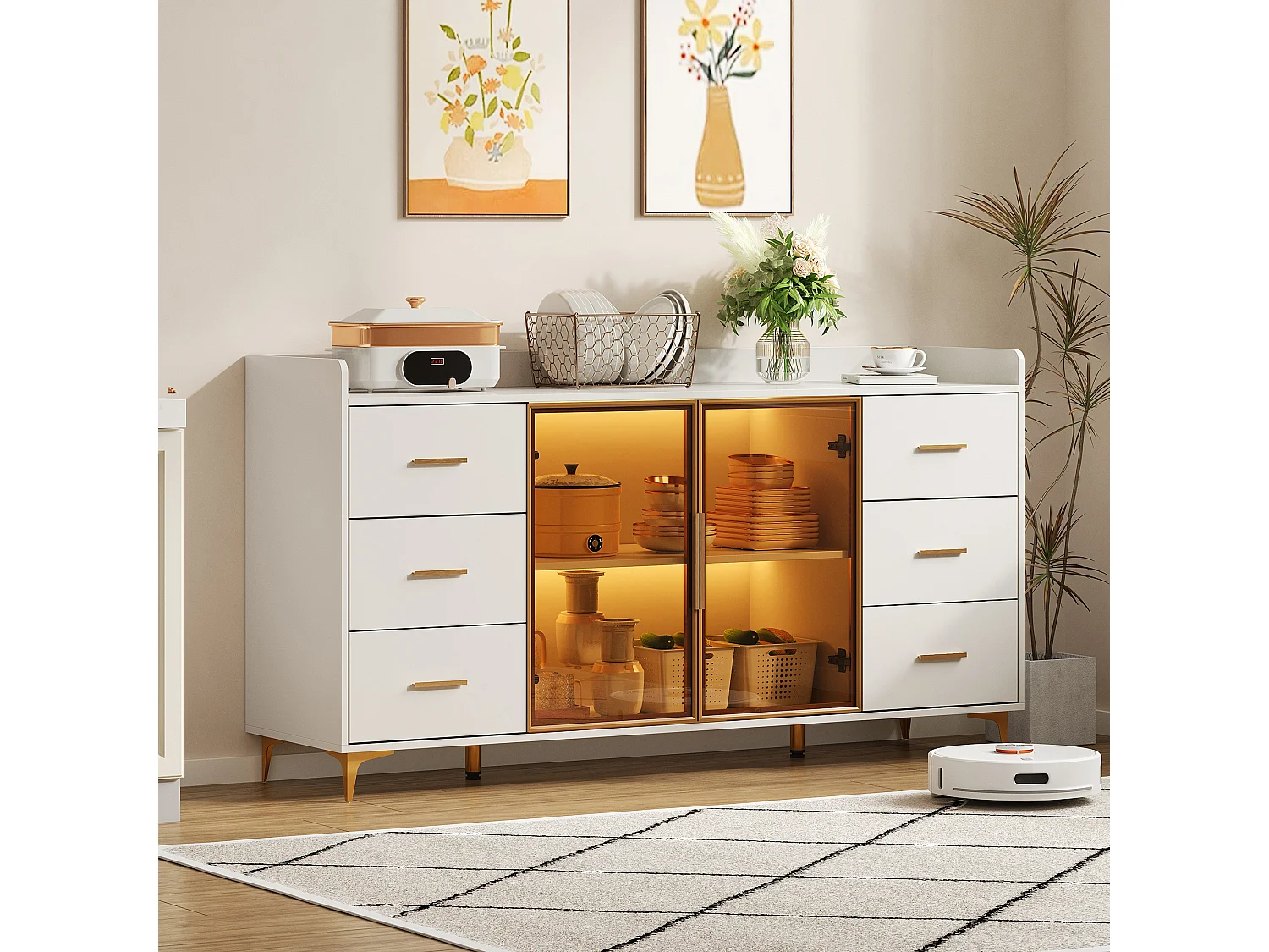 Credenza moderna 160×44×87 cm - 6 cassetti e 2 ante a vetro - con illuminazione LED - bianco + oro