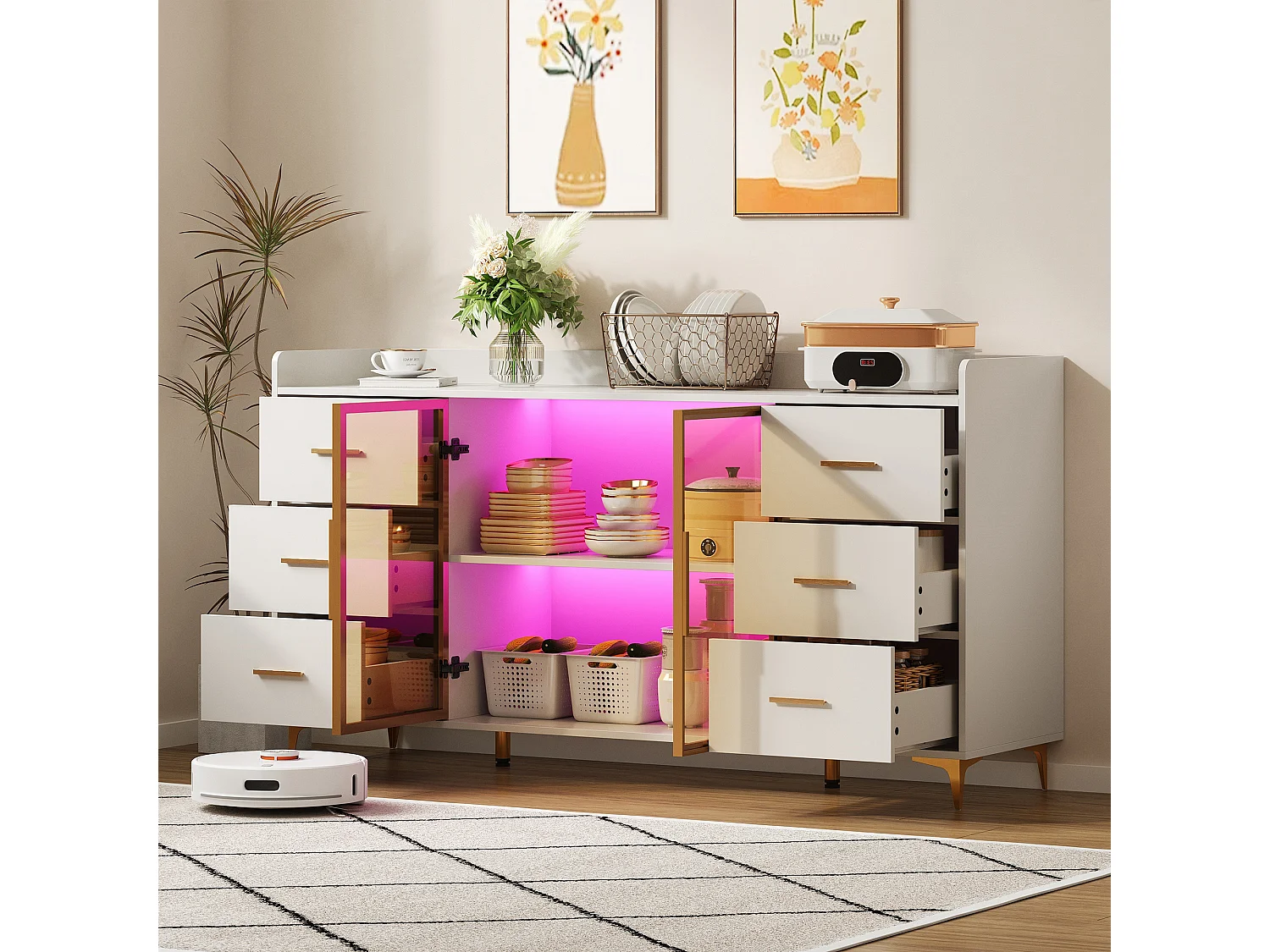 Credenza moderna 160×44×87 cm - 6 cassetti e 2 ante a vetro - con illuminazione LED - bianco + oro