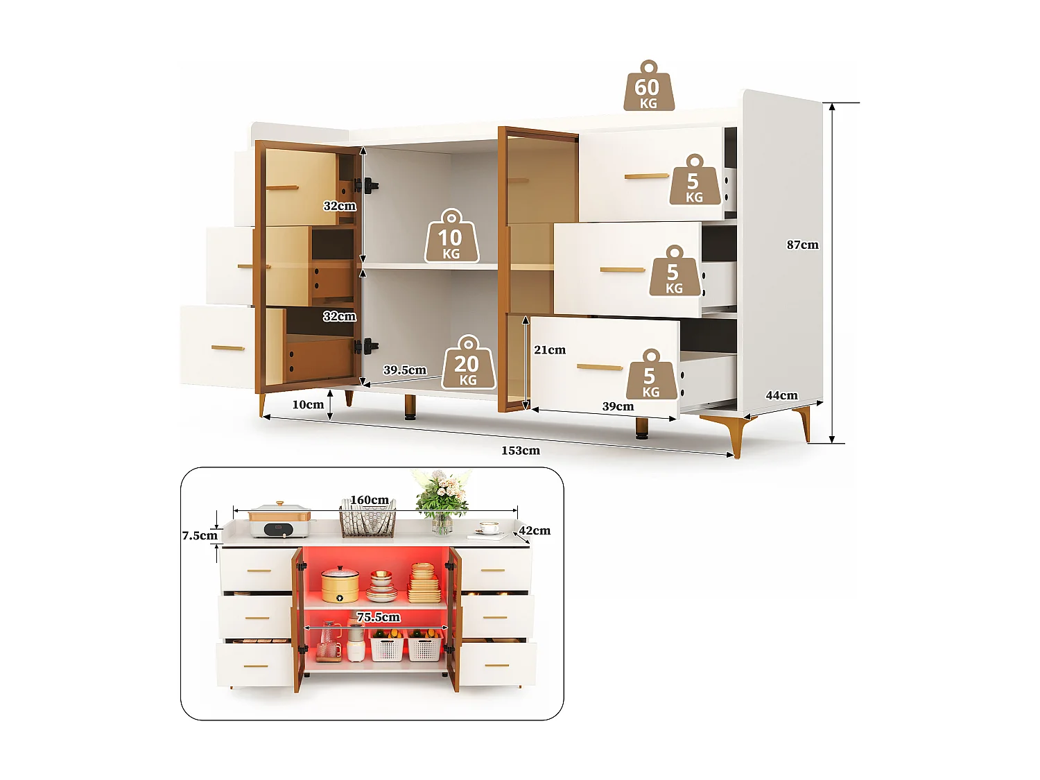 Credenza moderna 160×44×87 cm - 6 cassetti e 2 ante a vetro - con illuminazione LED - bianco + oro