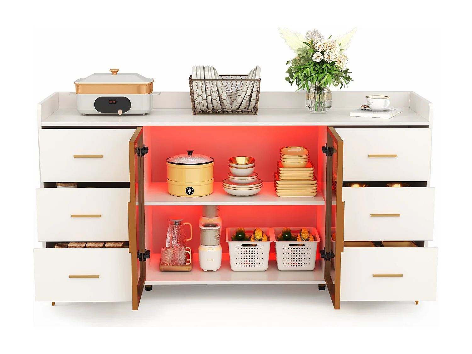 Credenza moderna 160×44×87 cm - 6 cassetti e 2 ante a vetro - con illuminazione LED - bianco + oro