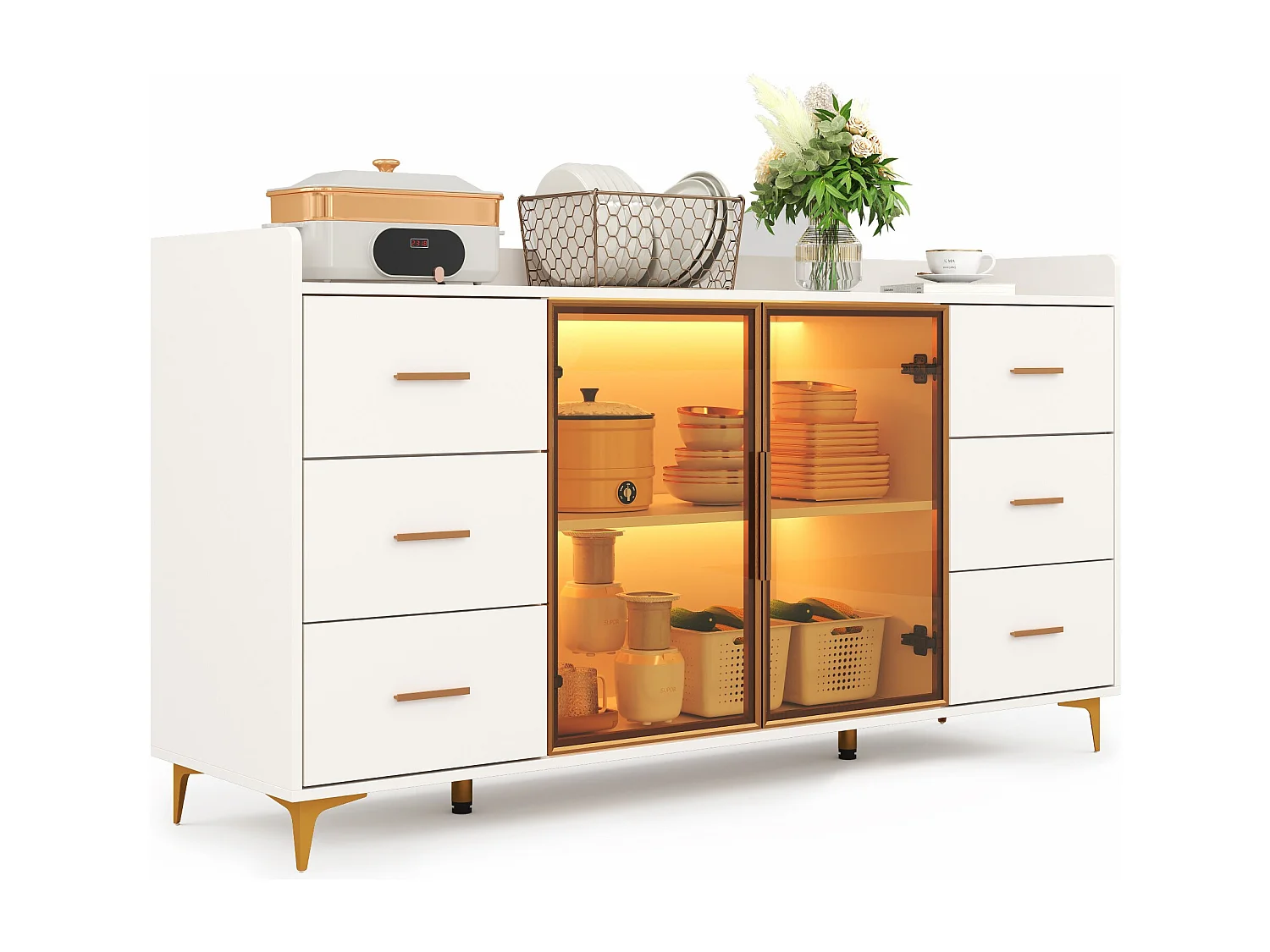 Credenza moderna 160×44×87 cm - 6 cassetti e 2 ante a vetro - con illuminazione LED - bianco + oro