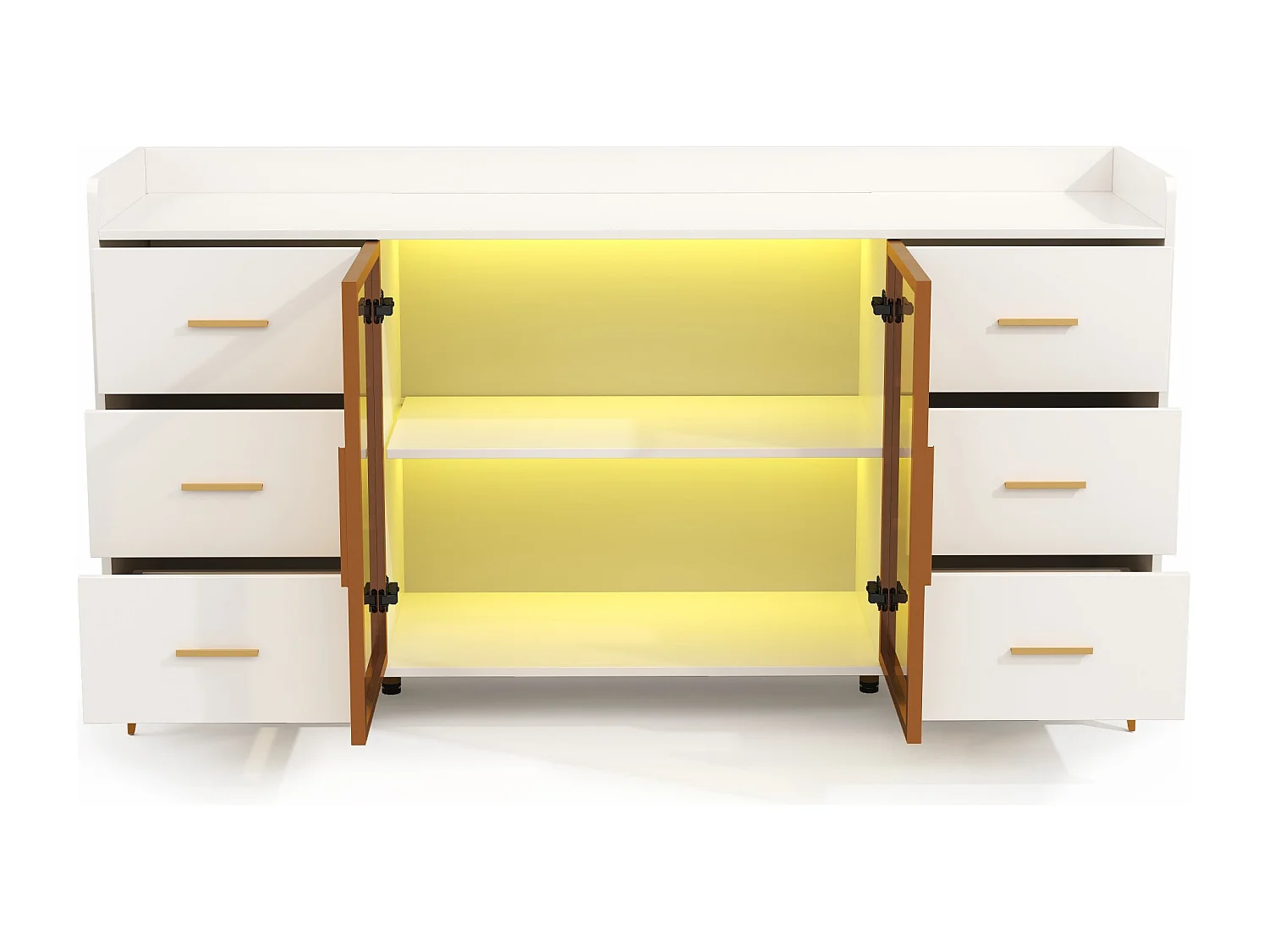 Credenza moderna 160×44×87 cm - 6 cassetti e 2 ante a vetro - con illuminazione LED - bianco + oro