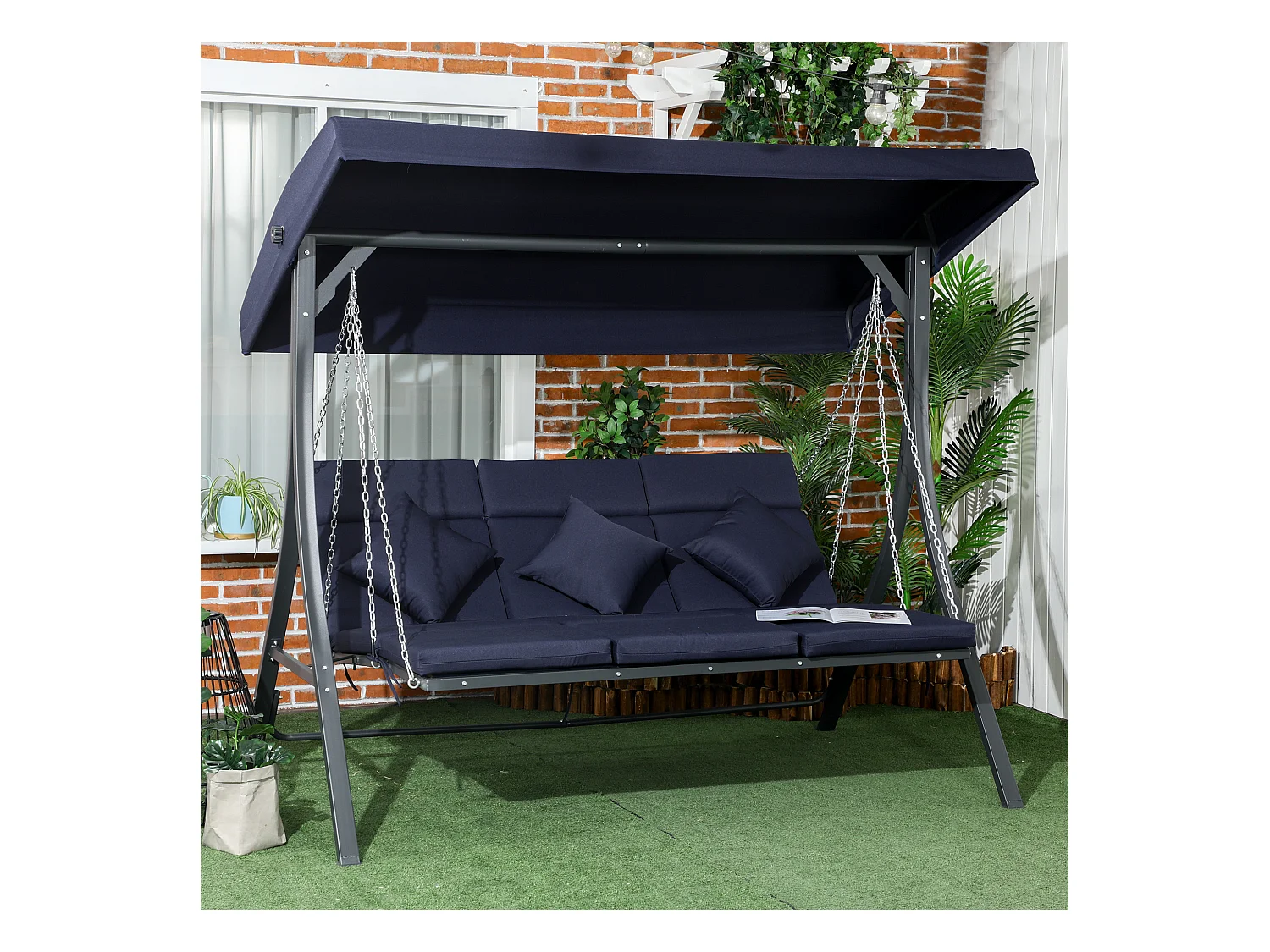 Banc de jardin balançoire 3 places, capacité 270 kg, structure en métal, avec toit réglable et coussins (198x118x168 cm)