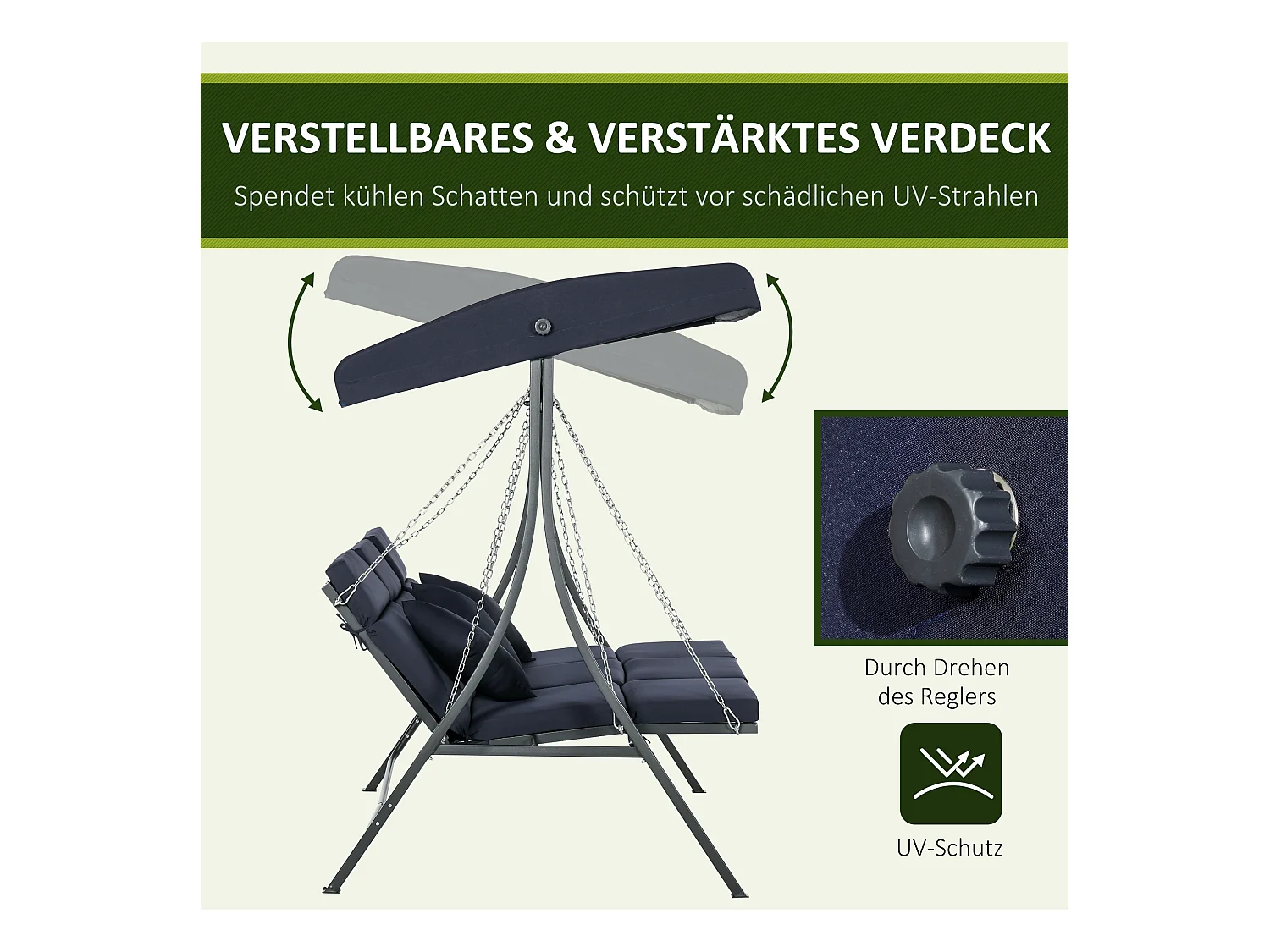 Banc de jardin balançoire 3 places, capacité 270 kg, structure en métal, avec toit réglable et coussins (198x118x168 cm)