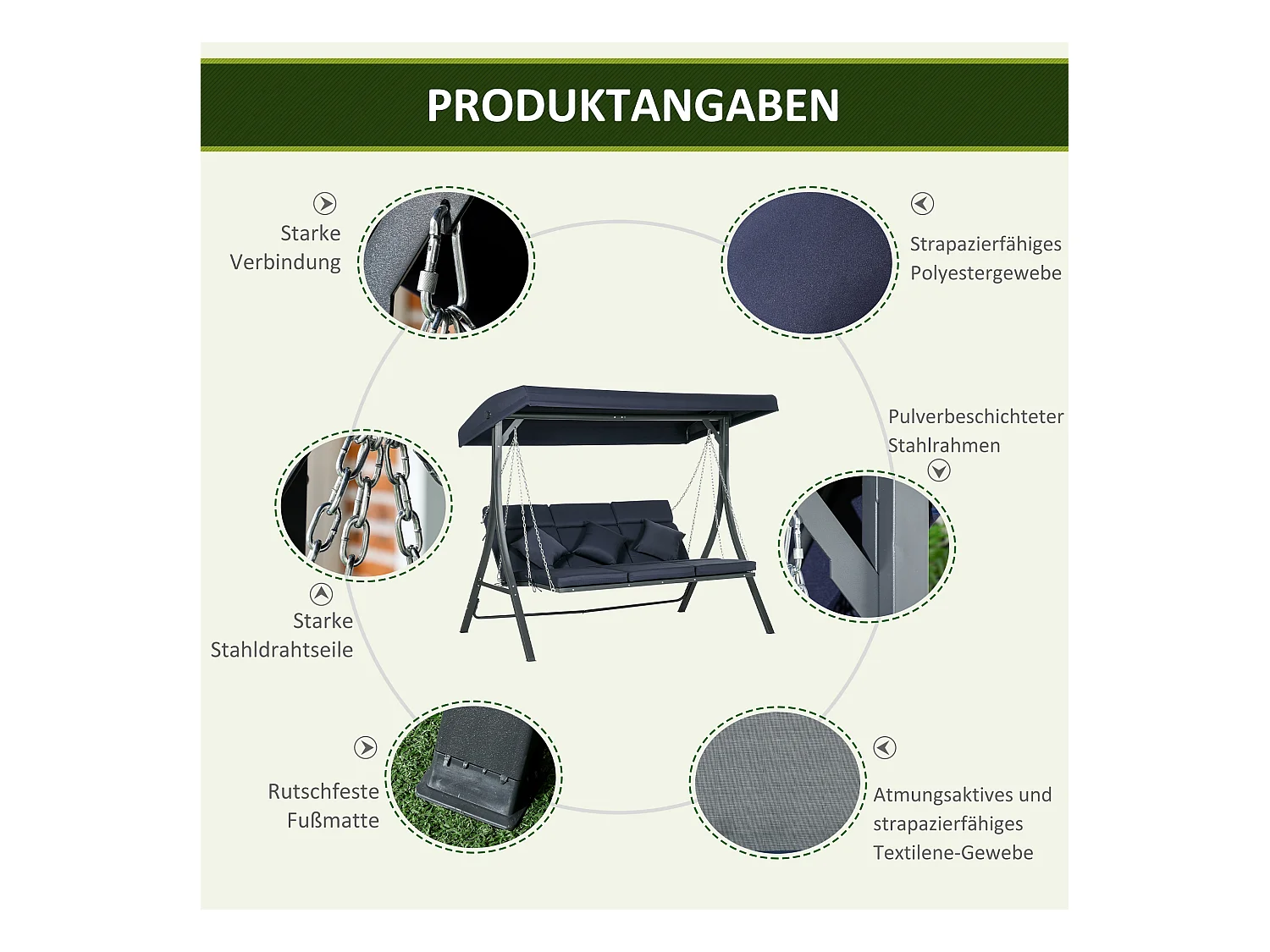 Banc de jardin balançoire 3 places, capacité 270 kg, structure en métal, avec toit réglable et coussins (198x118x168 cm)