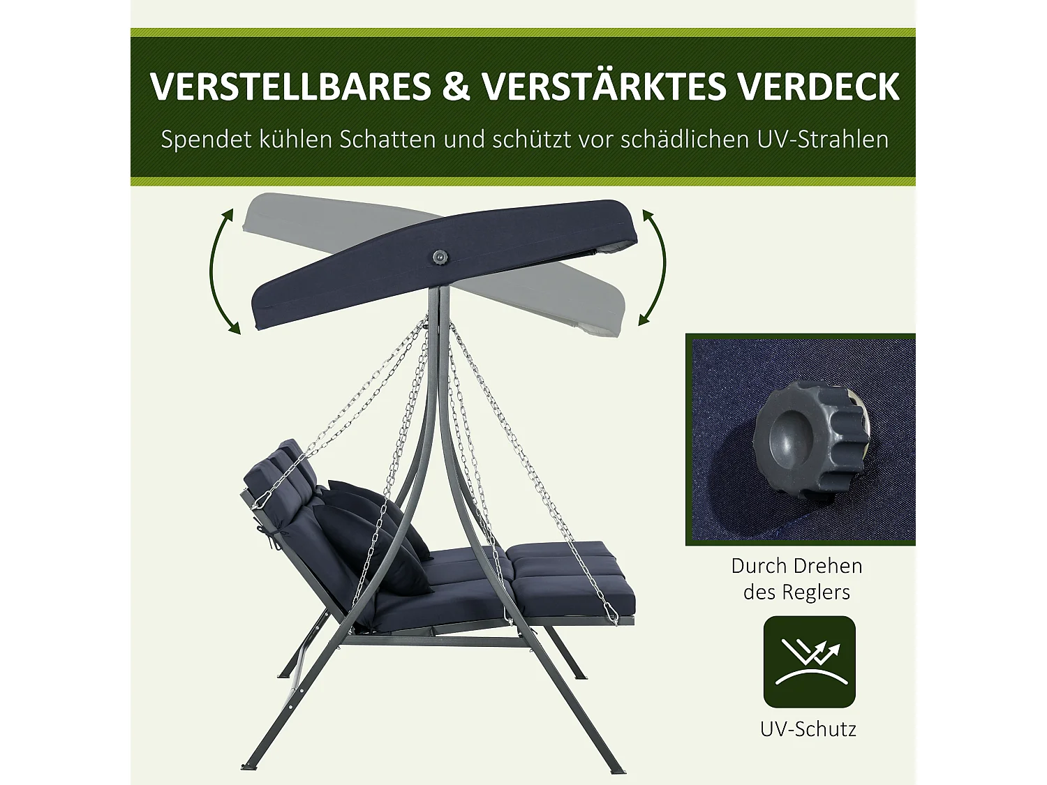 Banc de jardin balançoire 3 places, capacité 270 kg, structure en métal, avec toit réglable et coussins (198x118x168 cm)