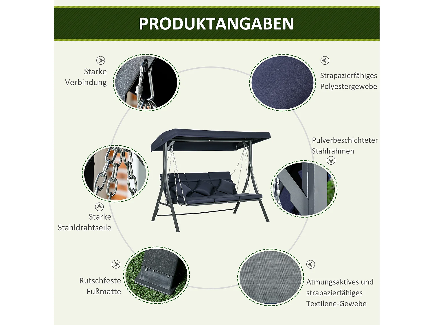 Banc de jardin balançoire 3 places, capacité 270 kg, structure en métal, avec toit réglable et coussins (198x118x168 cm)