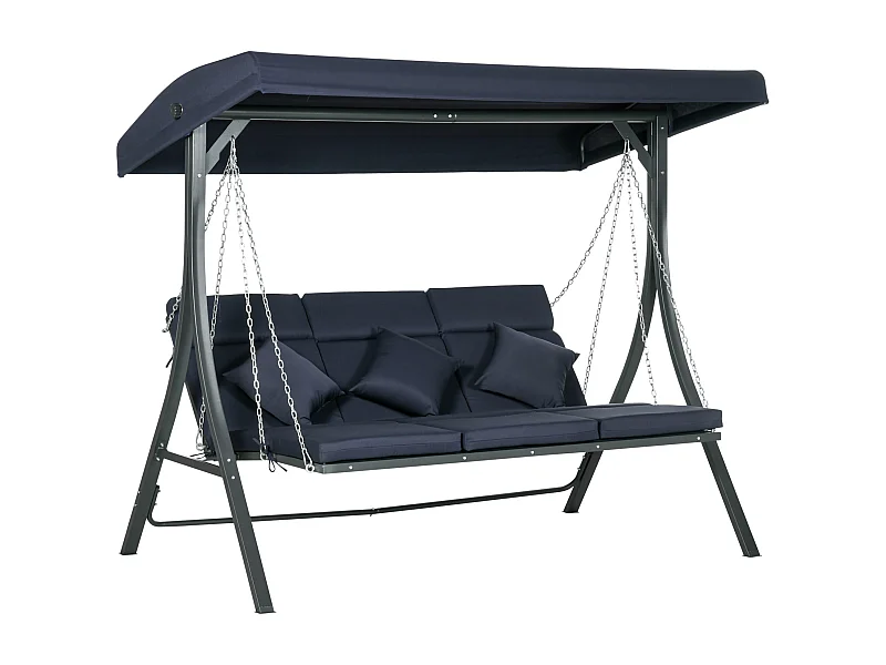 Dondolo da giardino a 3 posti, portata 270 kg, struttura in metallo, con tetto regolabile e cuscini (198x118x168 cm)