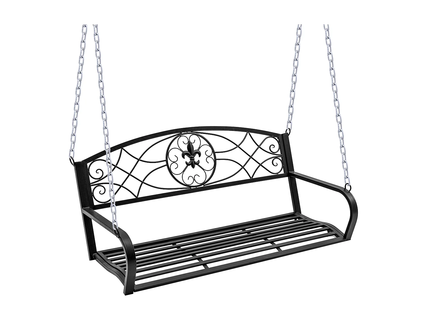 Banc balançoire 2 places en métal, design élégant noir, avec chaînes, pour jardin et terrasse (132x63x58cm)