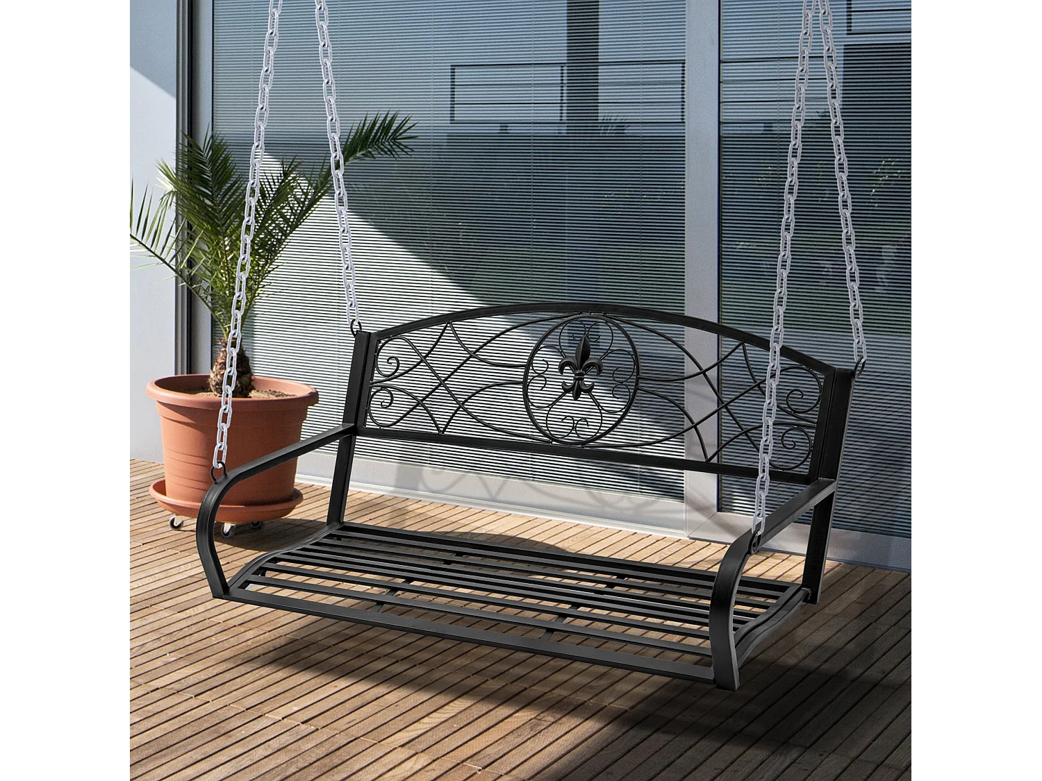 Banc balançoire 2 places en métal, design élégant noir, avec chaînes, pour jardin et terrasse (132x63x58cm)