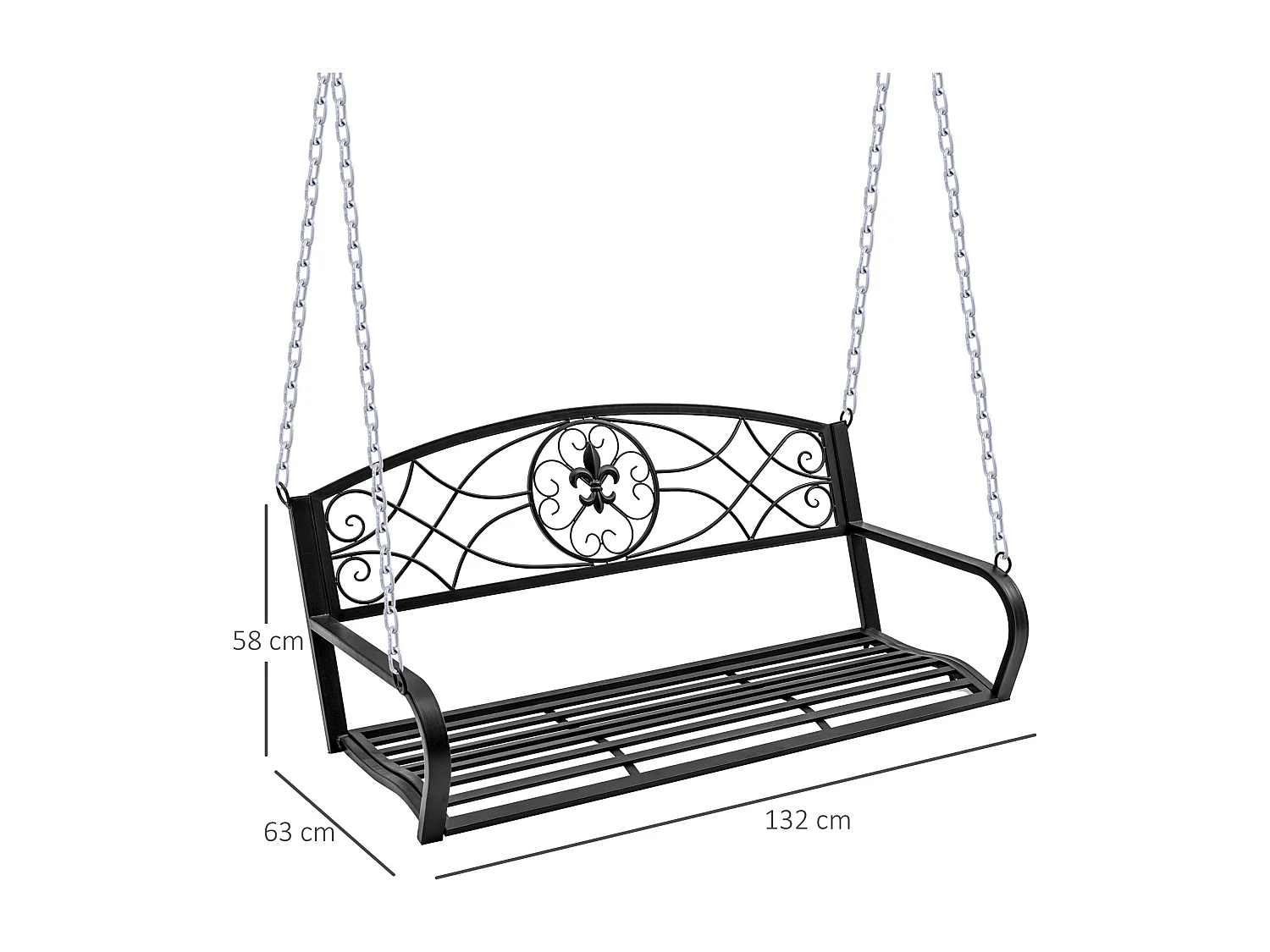 Banc balançoire 2 places en métal, design élégant noir, avec chaînes, pour jardin et terrasse (132x63x58cm)