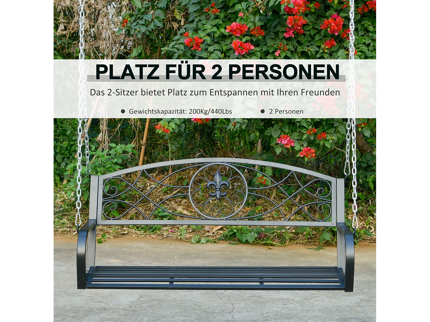 Banc balançoire 2 places en métal, design élégant noir, avec chaînes, pour jardin et terrasse (132x63x58cm)