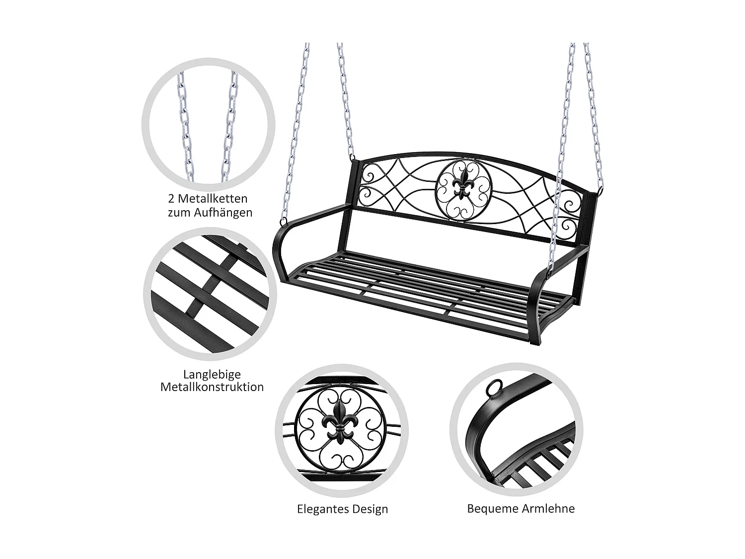 Banc balançoire 2 places en métal, design élégant noir, avec chaînes, pour jardin et terrasse (132x63x58cm)