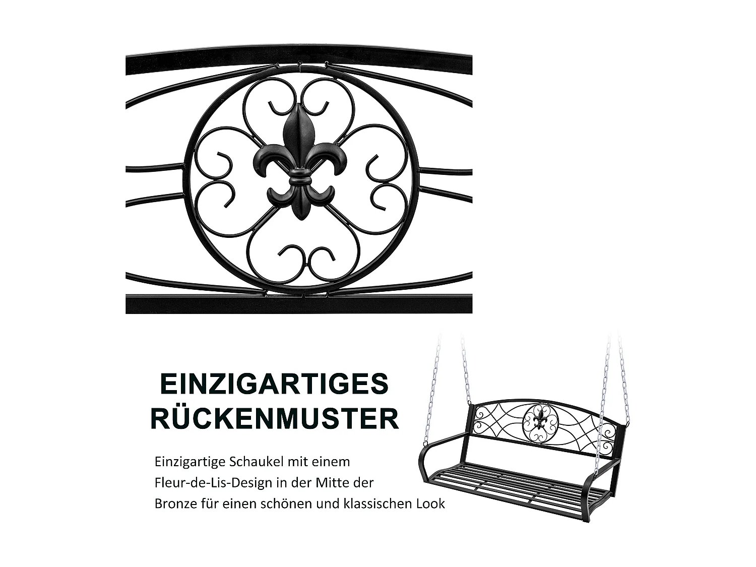 Banc balançoire 2 places en métal, design élégant noir, avec chaînes, pour jardin et terrasse (132x63x58cm)