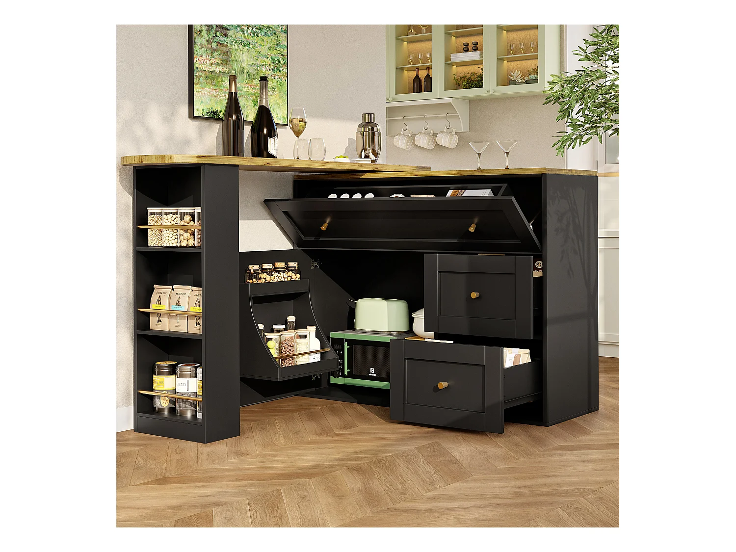 Uitschuifbare barkast - 138-204 x 39 x 105 cm - met snackplank + 2 lades + 2 deuren - MDF + metaal - zwart