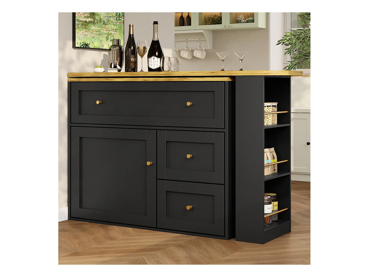 Uitschuifbare barkast - 138-204 x 39 x 105 cm - met snackplank + 2 lades + 2 deuren - MDF + metaal - zwart