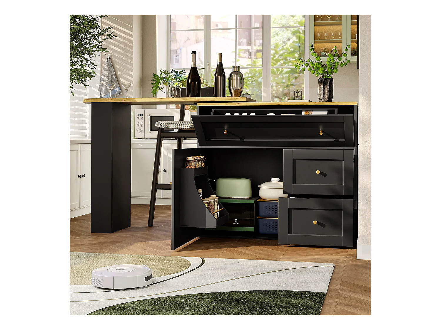 Meuble de bar extensible - 138-204 x 39 x 105 cm - avec étagère snack + 2 tiroirs + 2 portes - MDF + Métal - noir