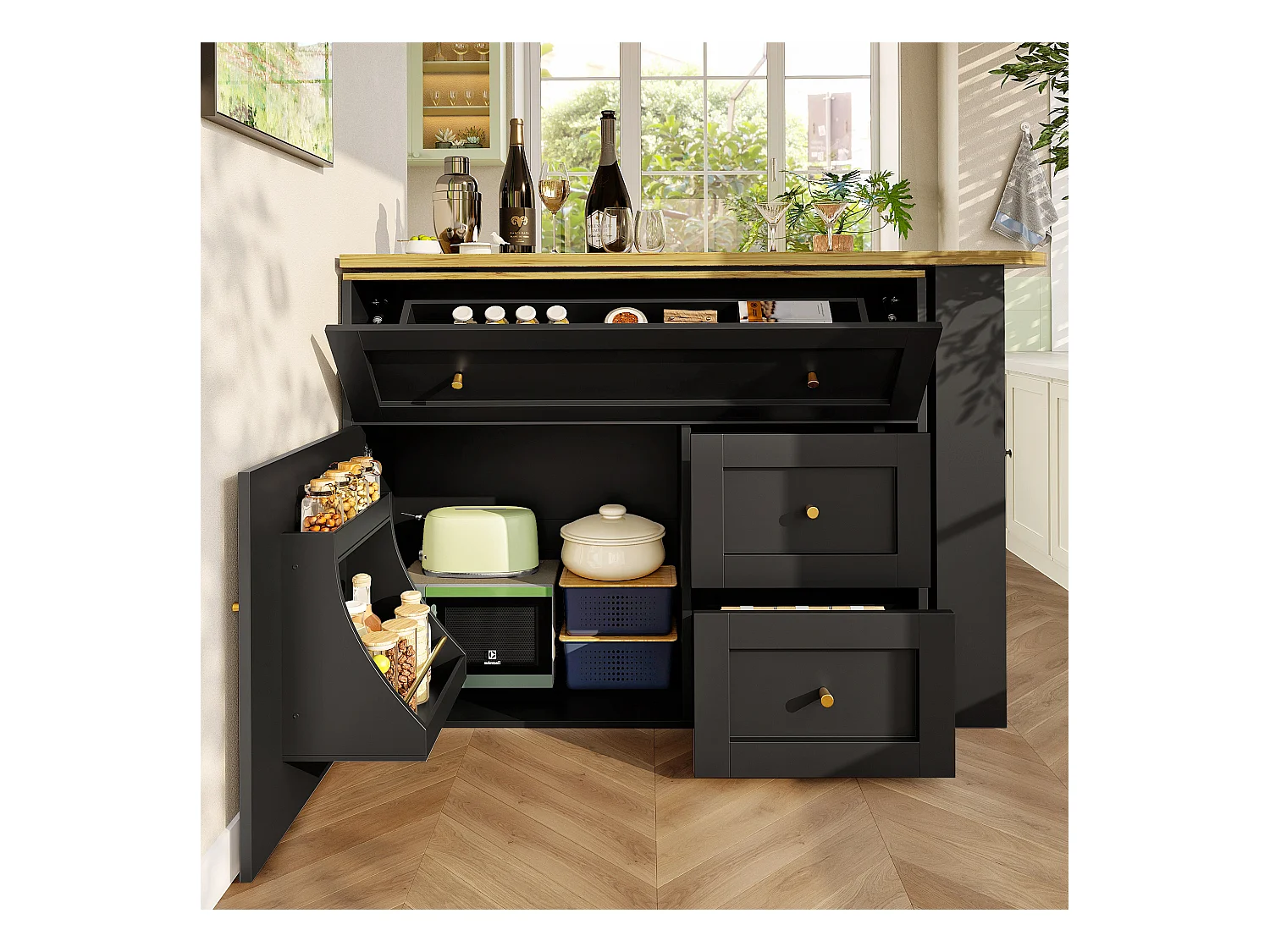 Meuble de bar extensible - 138-204 x 39 x 105 cm - avec étagère snack + 2 tiroirs + 2 portes - MDF + Métal - noir