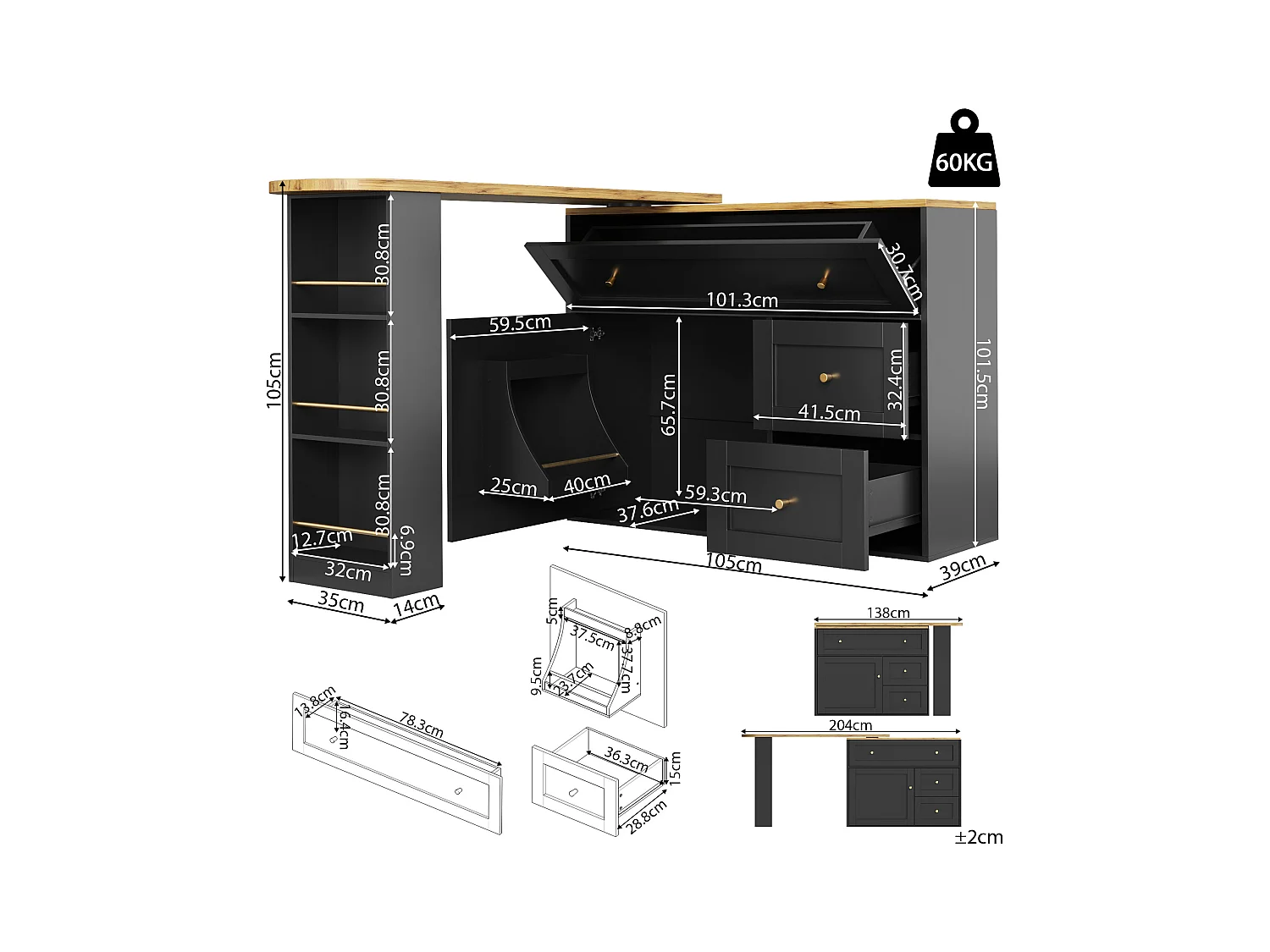 Meuble de bar extensible - 138-204 x 39 x 105 cm - avec étagère snack + 2 tiroirs + 2 portes - MDF + Métal - noir